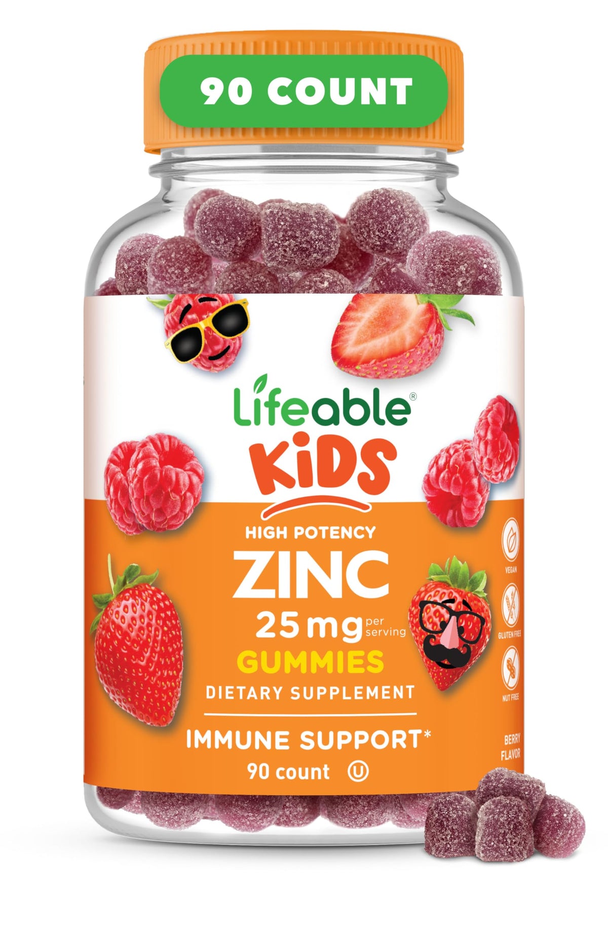 Lifeable envase frontal de gomitas zinc muestra diseño y cantidad