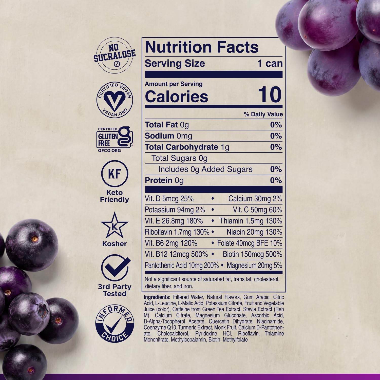LIFEAID FITAID enfoque en uvas y acai resaltando sabor natural y sin azúcar