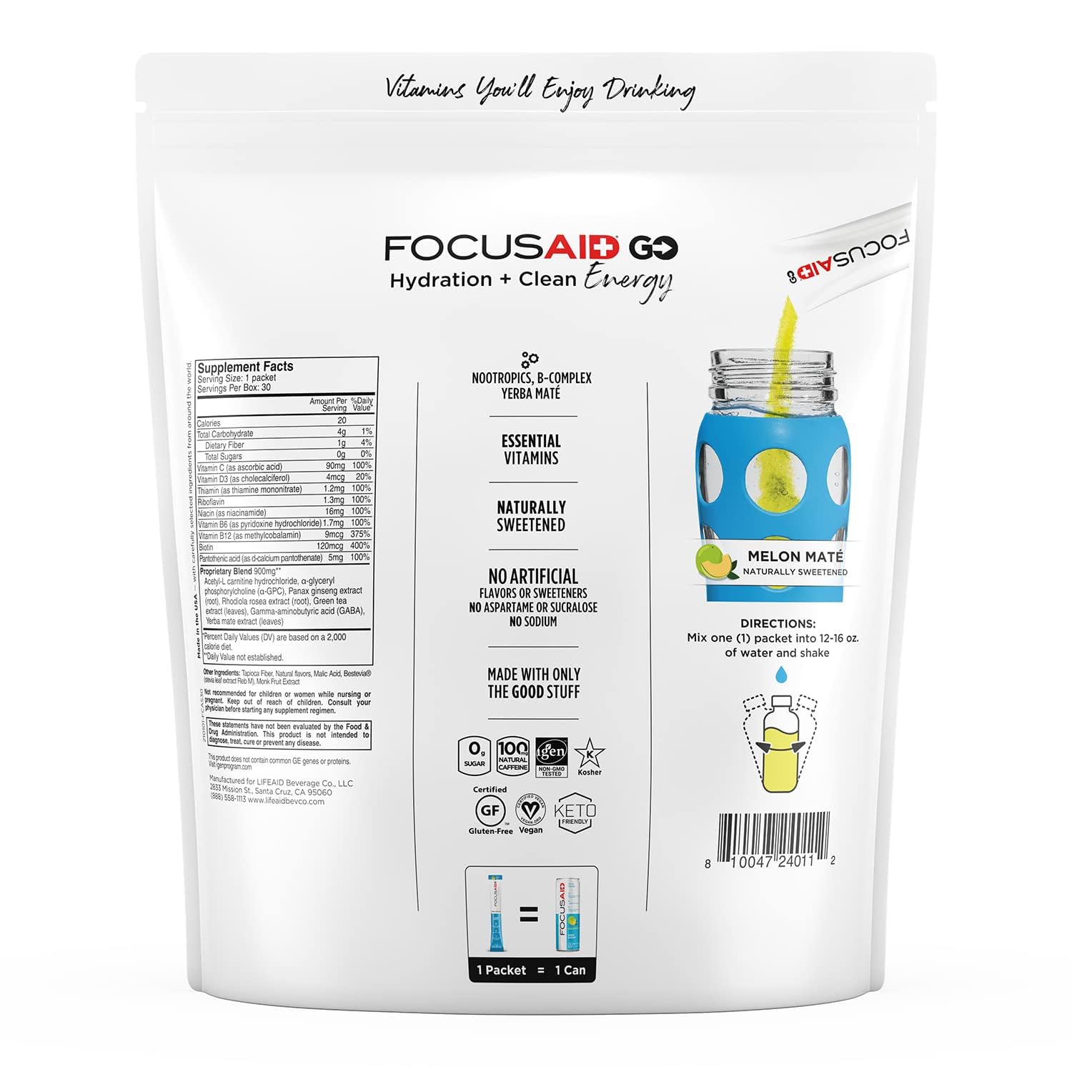 LIFEAID Focusaid GO presentación de paquete 30 sobres para stock conveniente