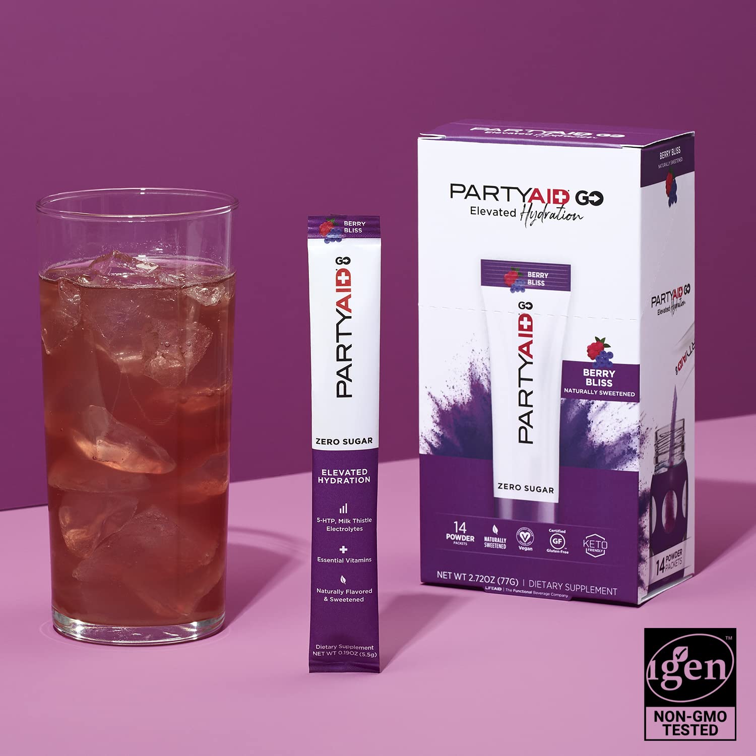 LIFEAID PARTYAID GO! polvo disolviéndose en agua, hidratación rápida y sabor frutos rojos