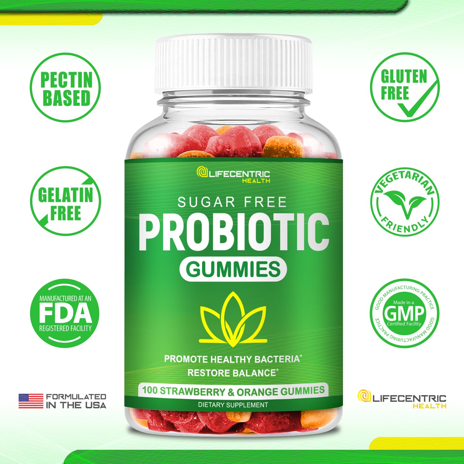 LifeCentric Health etiqueta con certificados kosher y cGMP, beneficio control de calidad