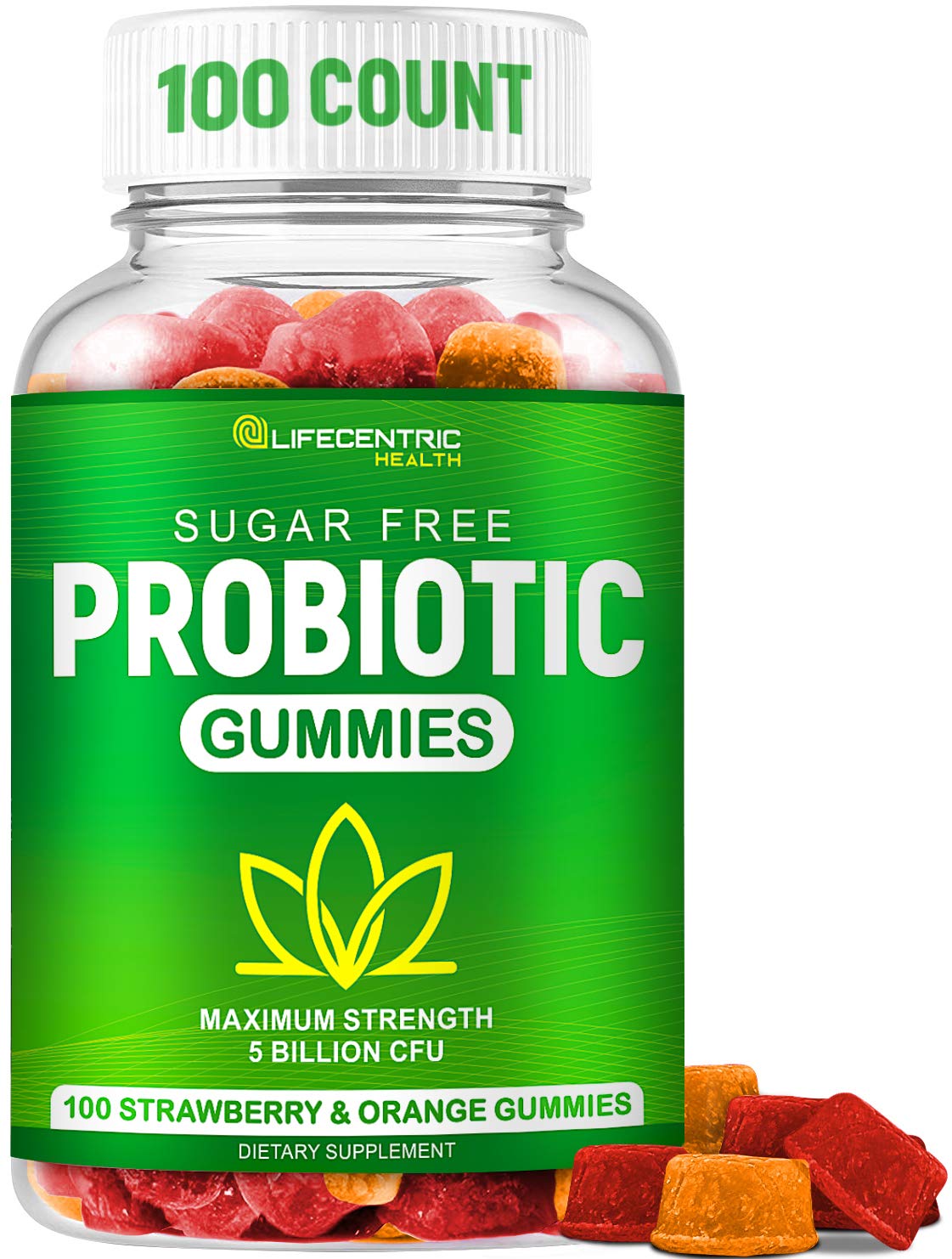 LifeCentric Health frasco frontal con 100 gomitas, beneficio conveniencia diaria