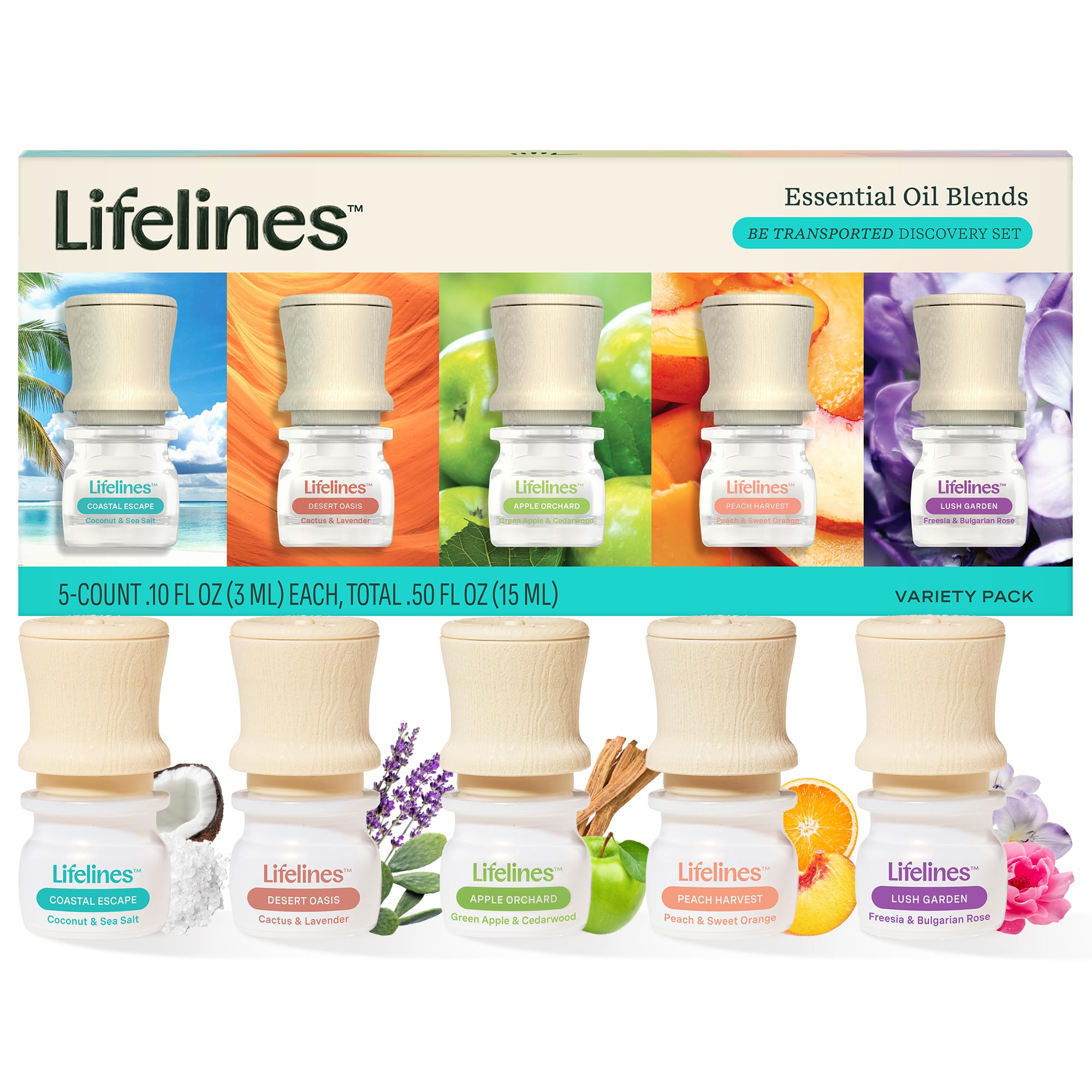 Lifelines pack frontal mostrando los cinco aromas, ideal para regalo