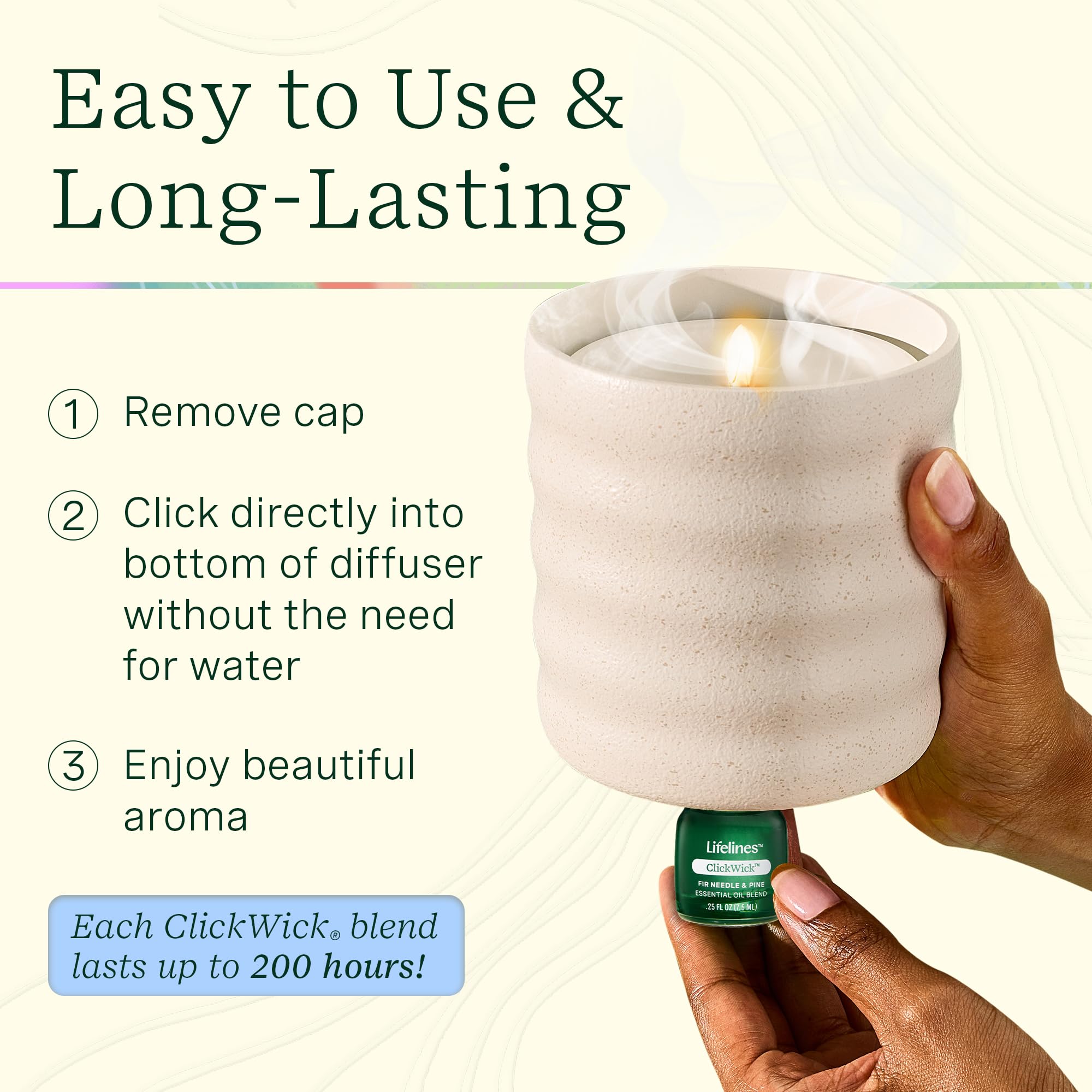 Lifelines botella ClickWick insertada en difusor Candle para aroma inmediato