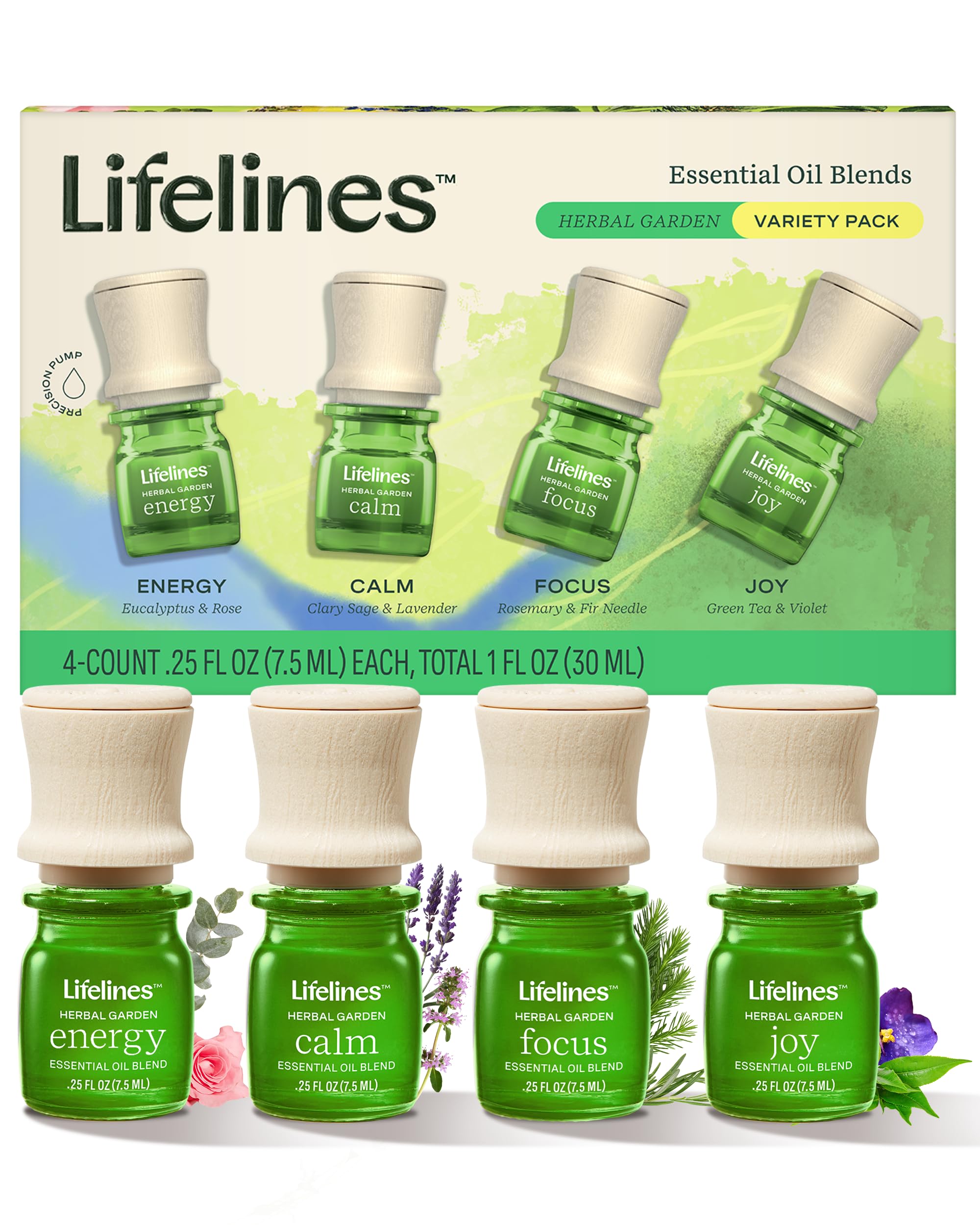 Lifelines vista frontal del paquete Herbal Garden mostrando las cuatro mezclas y beneficio variedad