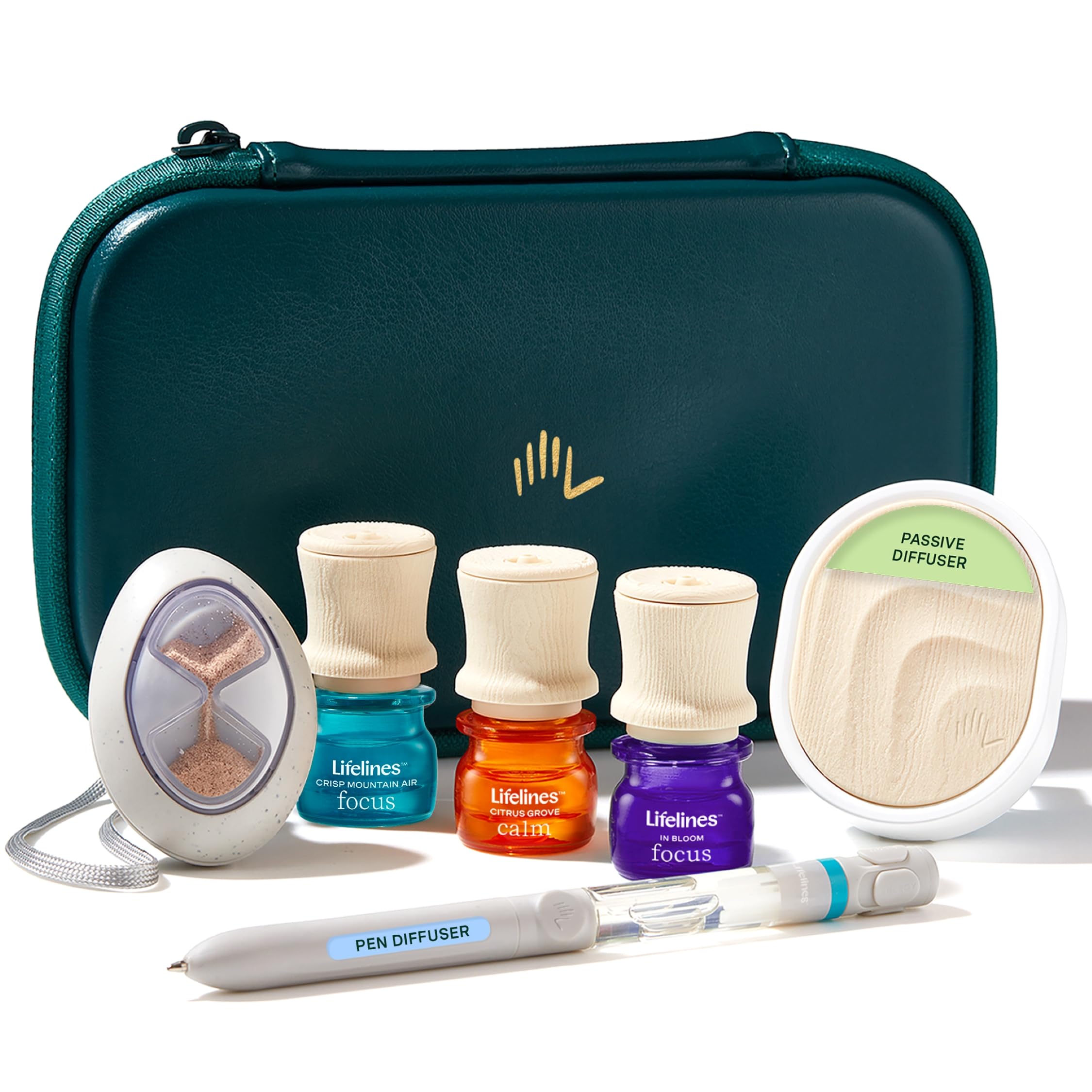 Lifelines kit vista frontal con difusor, piedra, bolígrafo y aceites para bienestar
