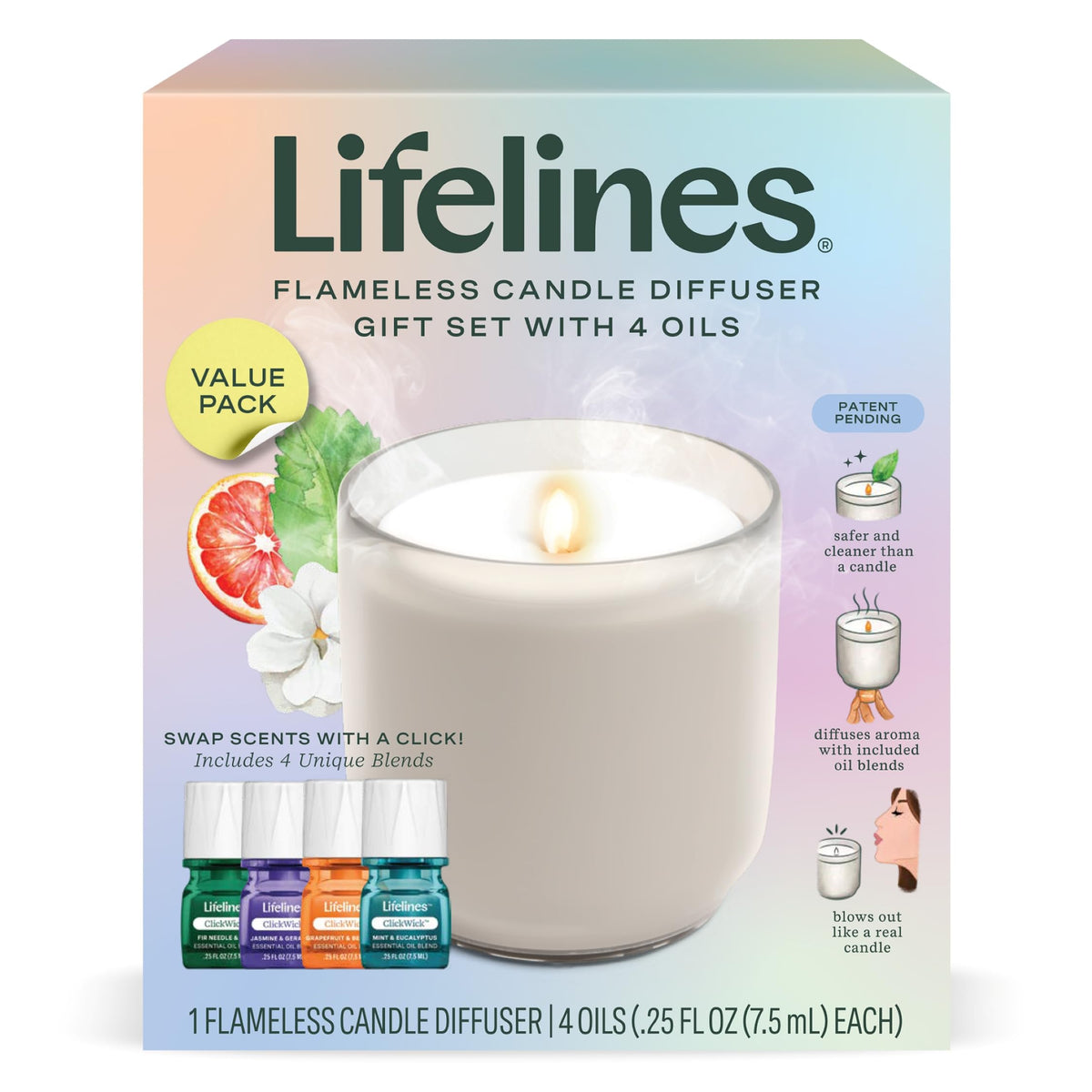 Lifelines vela difusora frontal mostrando diseño crema y luz relajante