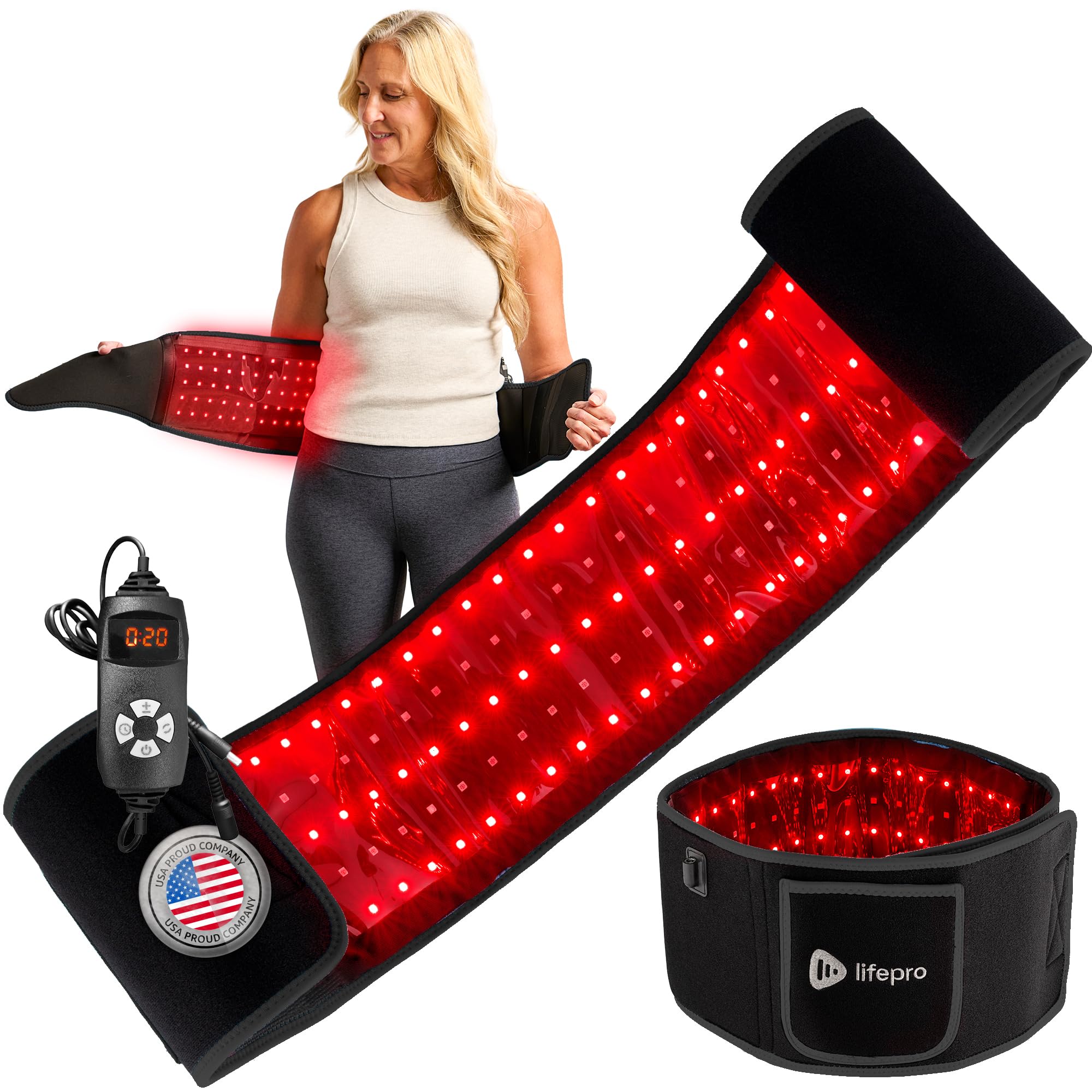 LifePro cinturón frontal mostrando 105 LEDs y diseño contorneado para ajuste