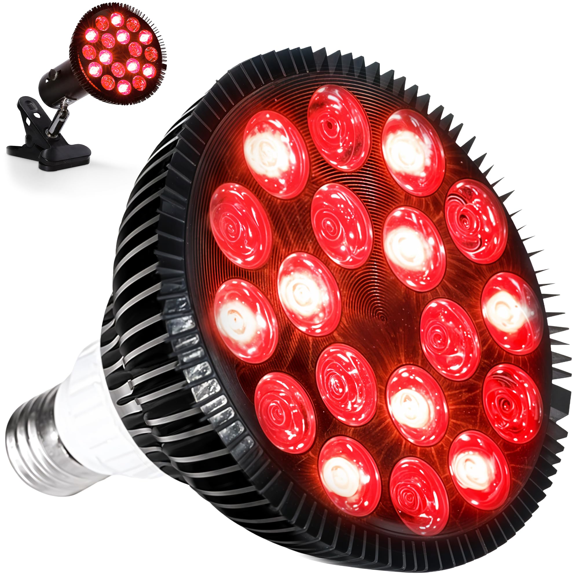 LifePro vista frontal de la lámpara Infraglow con clip, luz roja visible