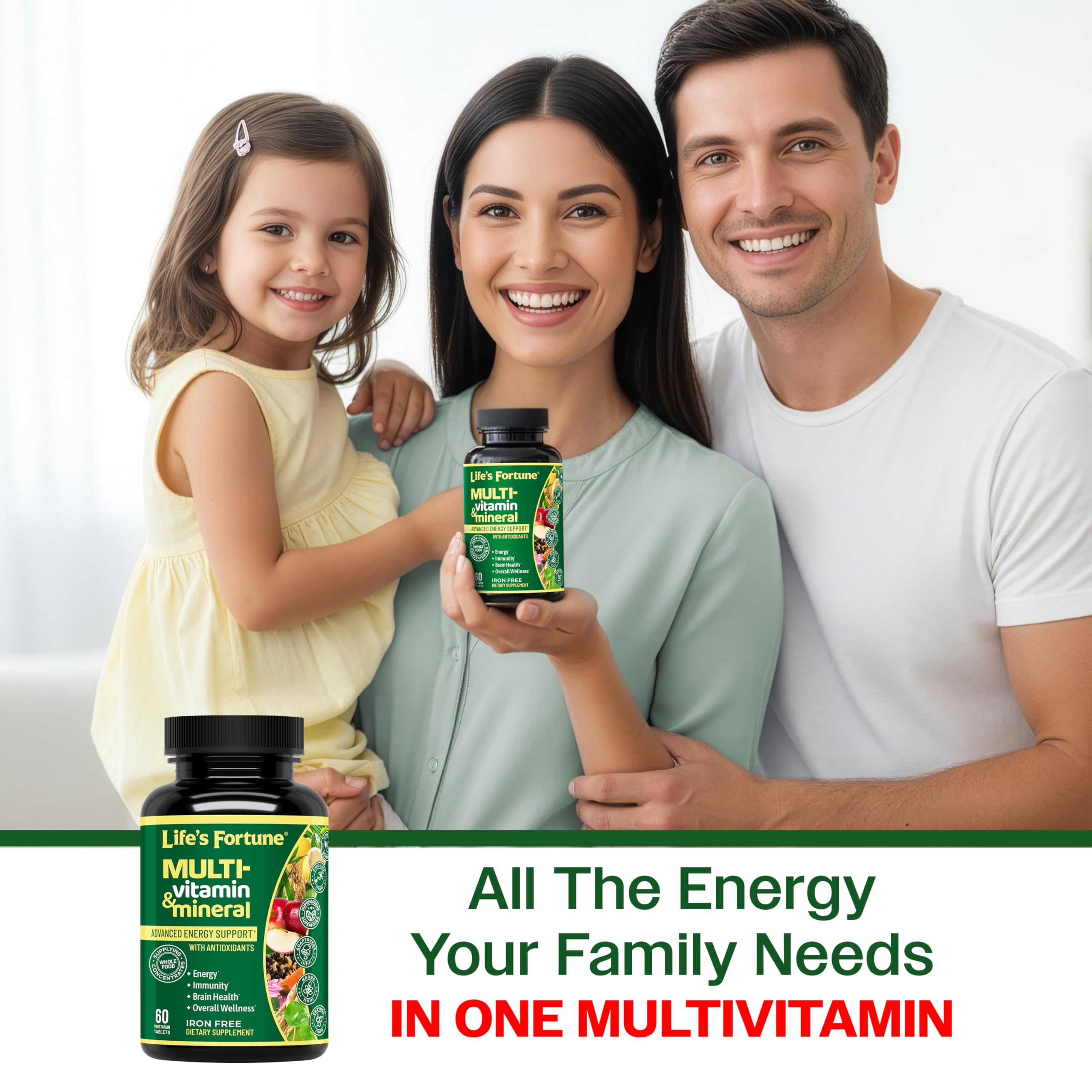 Life's Fortune multivitamínico al lado de desayuno representando uso diario