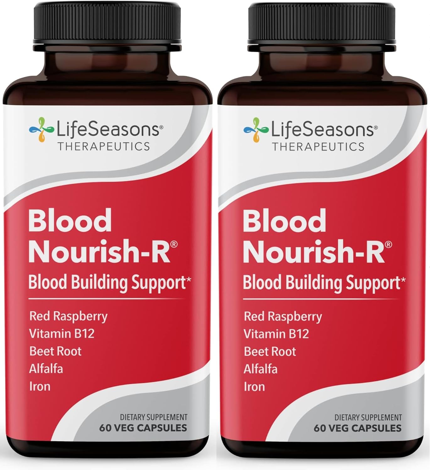 LifeSeasons Blood Nourish-R vista frontal del envase mostrando etiqueta clara y beneficios