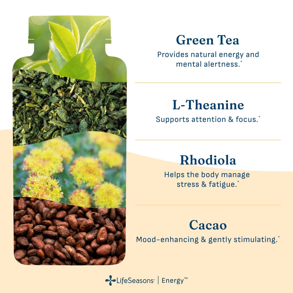 Etiqueta de LifeSeasons Energy con ingredientes clave y beneficios visibles