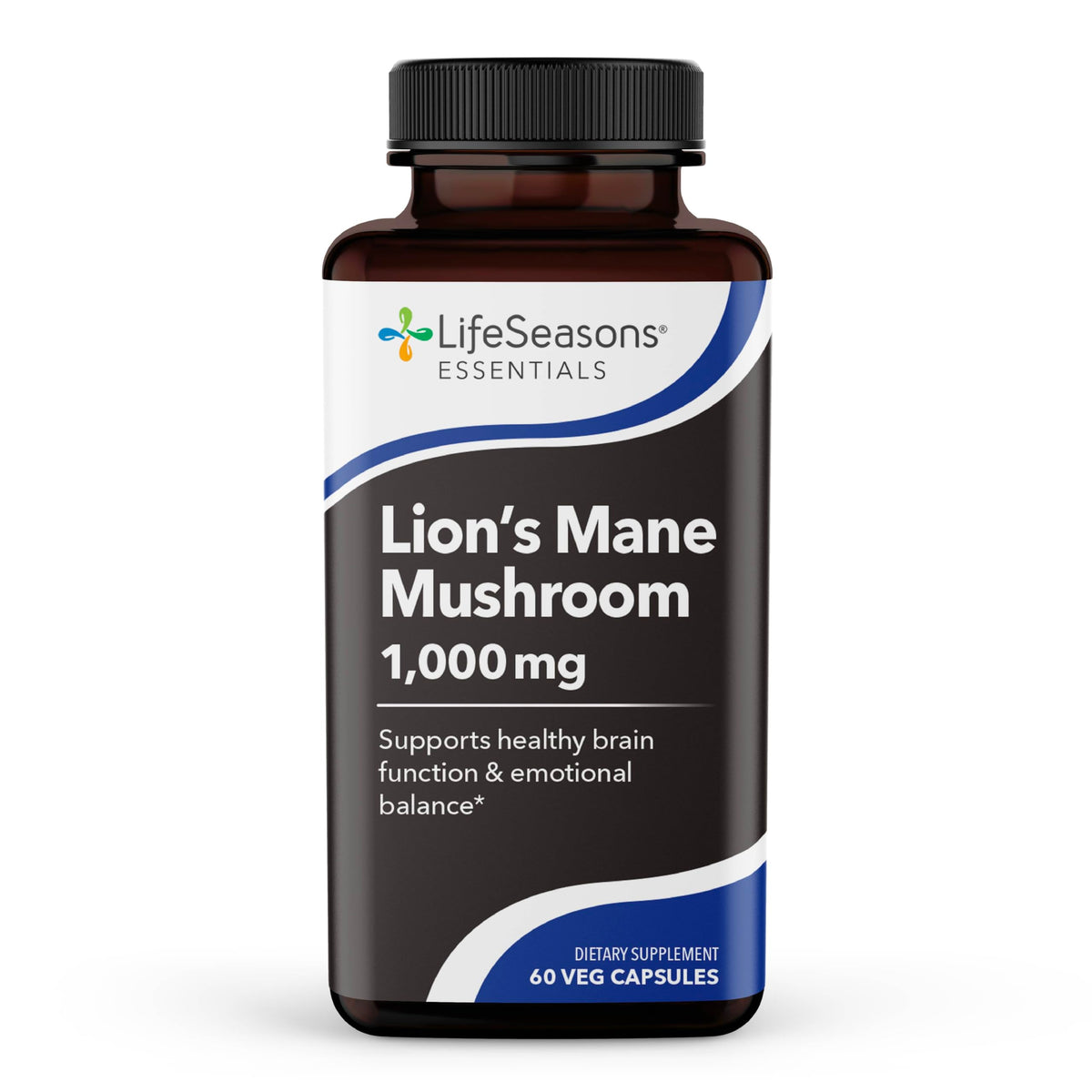 LifeSeasons frasco frontal de Lion's Mane mostrando etiqueta clara y beneficio cognitivo