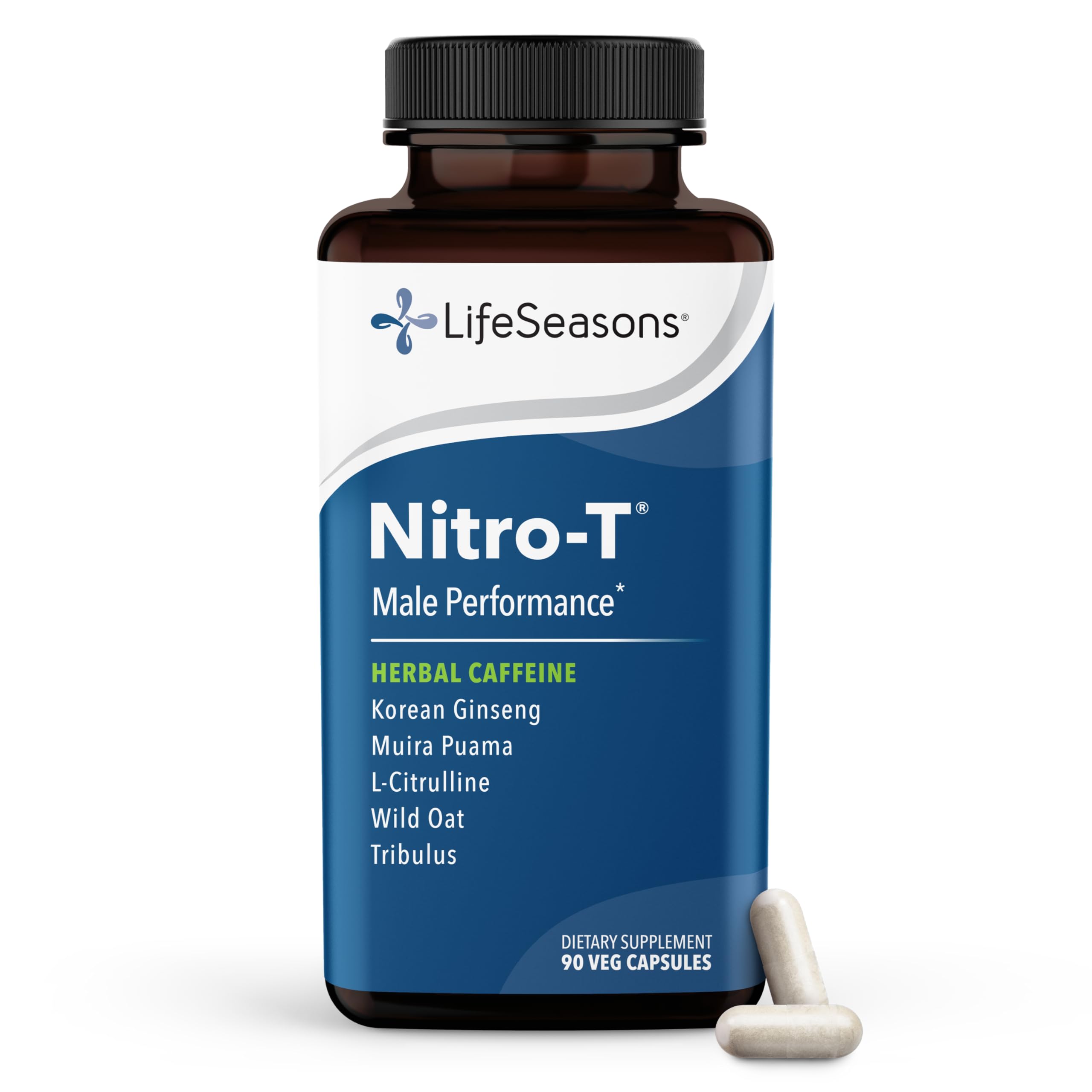 LifeSeasons Nitro-T envase frontal mostrando cápsulas y marca beneficiando energía