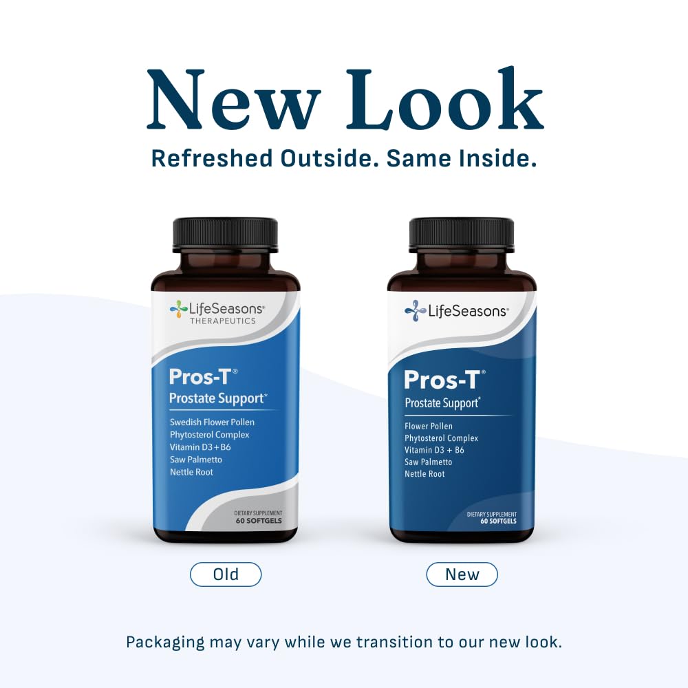LifeSeasons Pros-T frasco abierto con cápsulas, muestra cantidad por envase