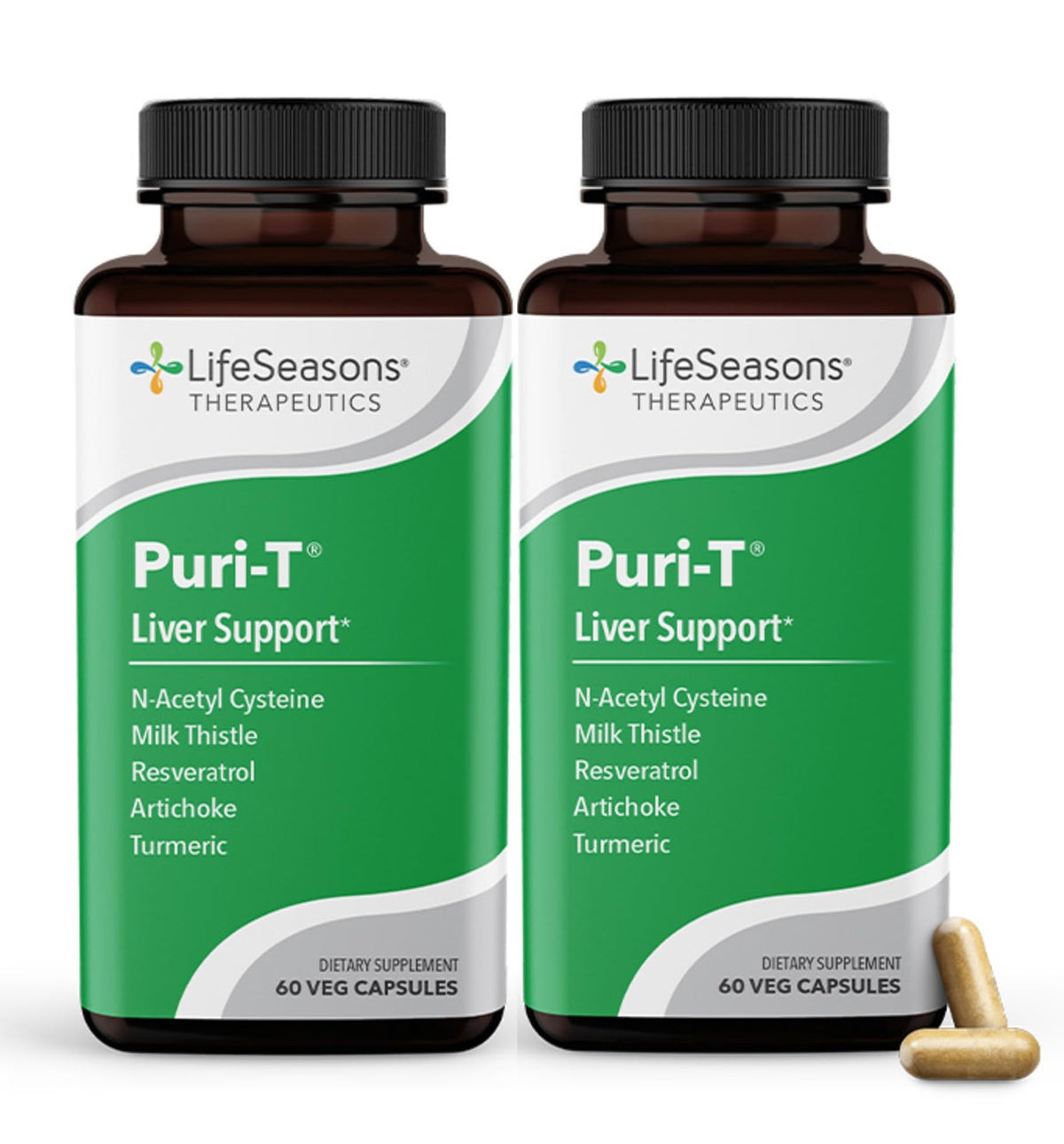 LifeSeasons frasco Puri-T frente mostrando etiqueta clara y beneficios