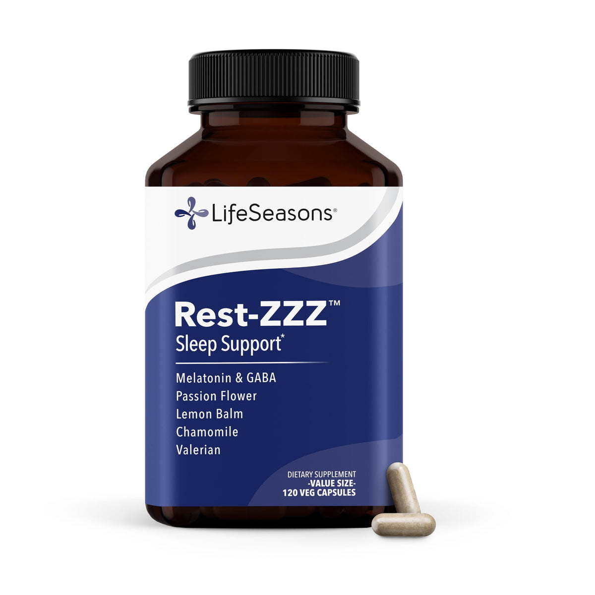 LifeSeasons frasco Rest-ZZZ frontal mostrando etiqueta y beneficio sueño natural