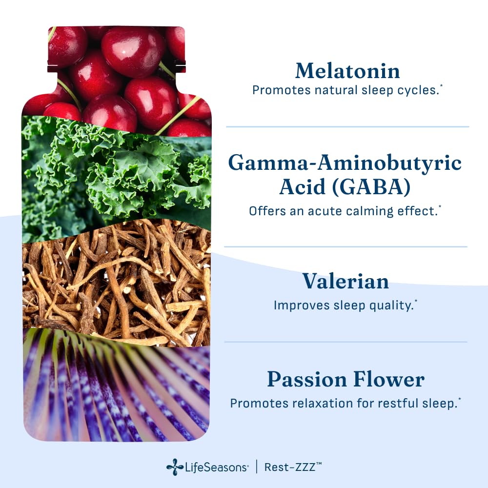 LifeSeasons Rest‑ZZZ etiqueta de ingredientes que muestra compuestos clave y seguridad