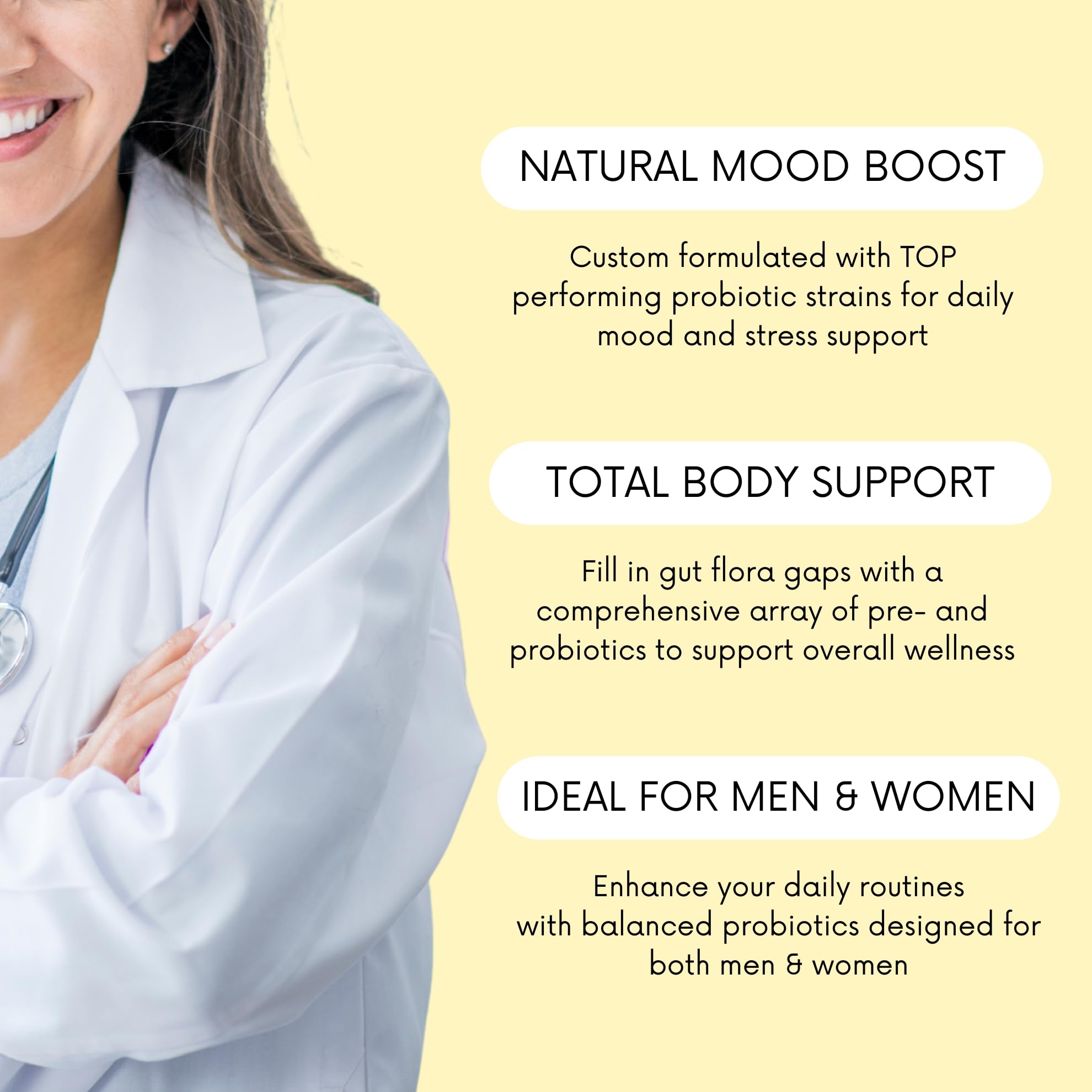 Lifted Naturals etiqueta con lista de cepas Bifidus y beneficios clave