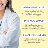 Lifted Naturals etiqueta con lista de cepas Bifidus y beneficios clave