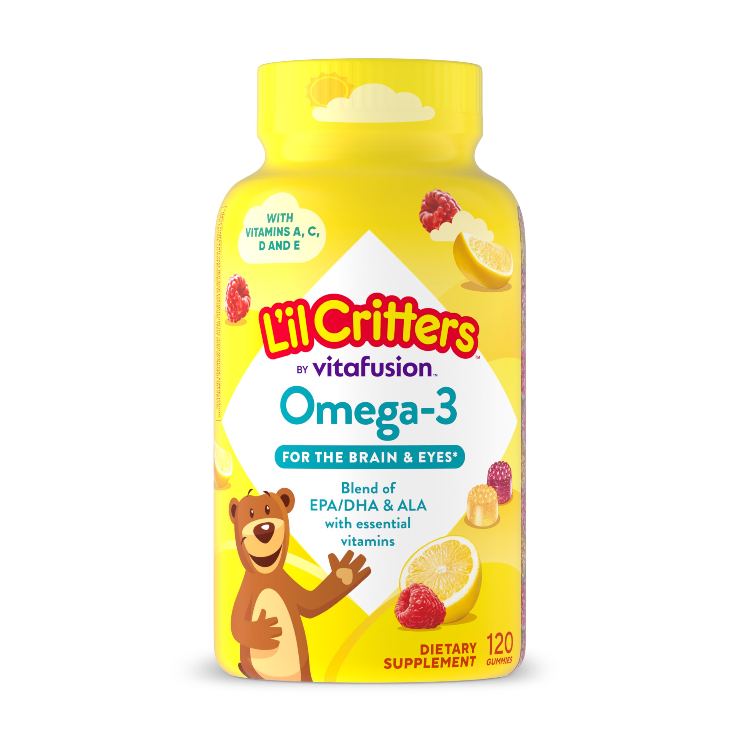 L'il Critters frente del envase mostrando 120 gomitas y beneficios