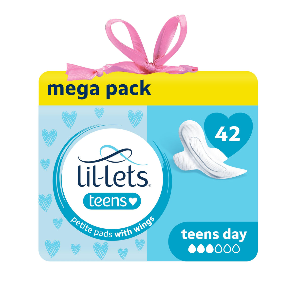 Lil-Lets empaque frontal mostrando 42 compresas y beneficios de protección