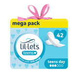 Lil-Lets empaque frontal mostrando 42 compresas y beneficios de protección