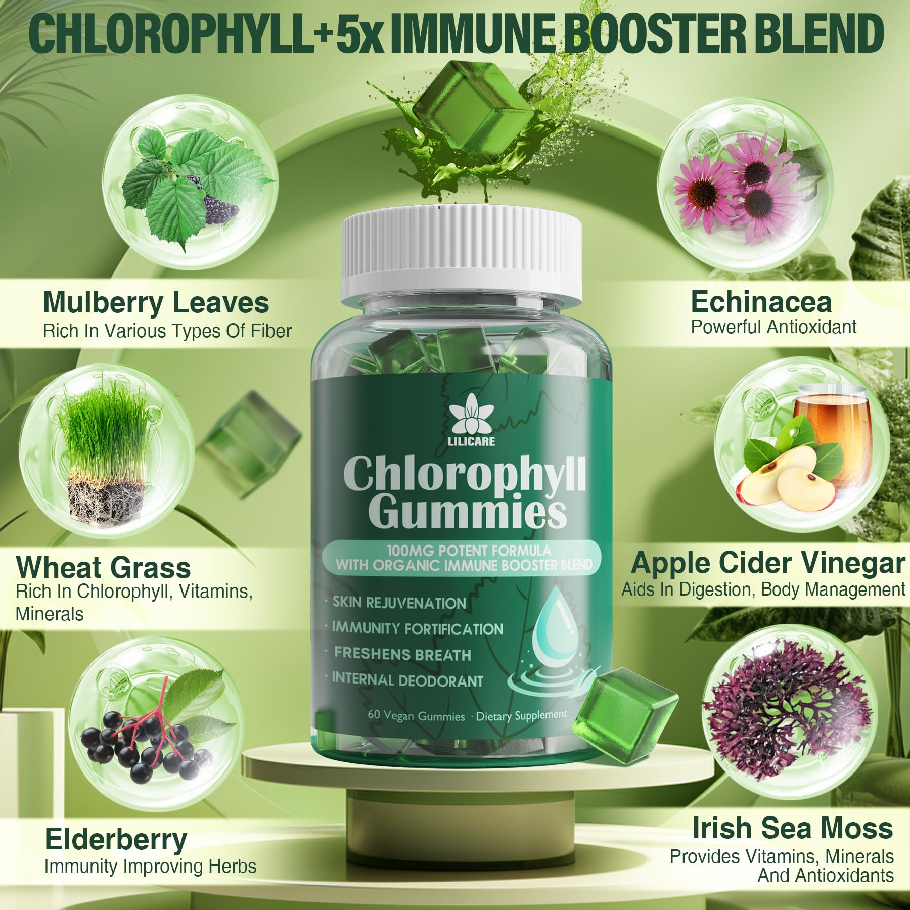 LILICARE primer plano de sea moss y hierba de trigo como ingredientes