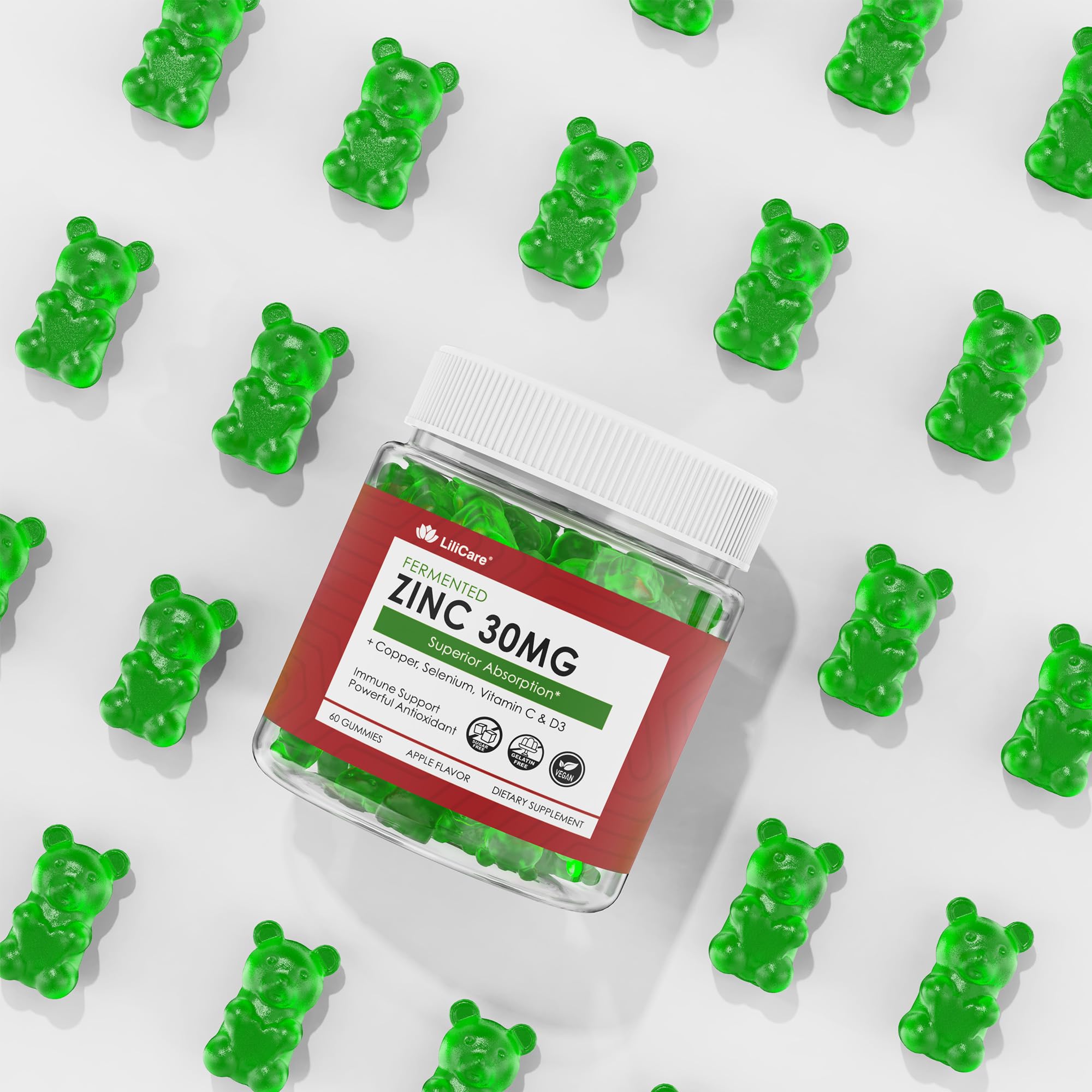 LILICARE gomitas en mesa de desayuno junto a frutas, estilo de vida saludable