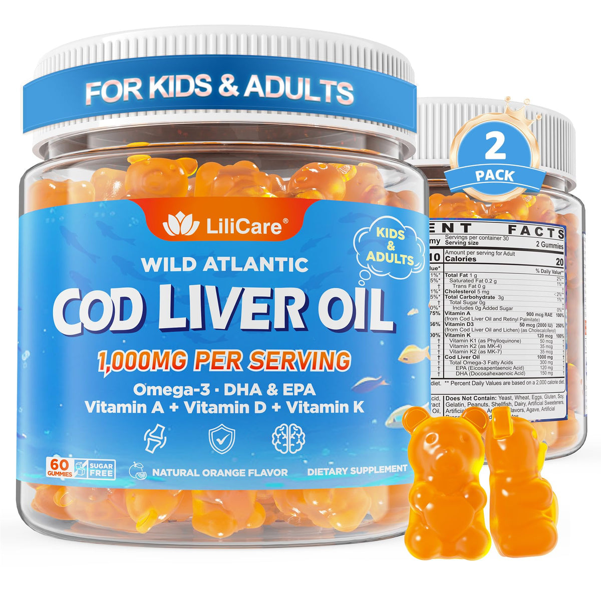 LILICARE frasco frontal de gomas de hígado de bacalao mostrando envase naranja