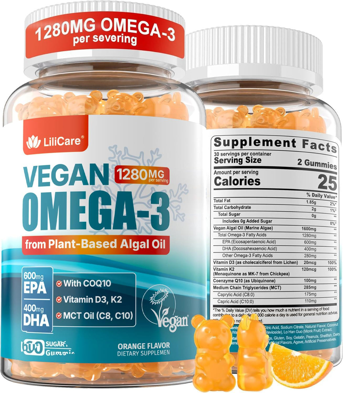 LILICARE empaque frontal de gomitas veganas omega‑3 muestra formato y beneficio sostenible