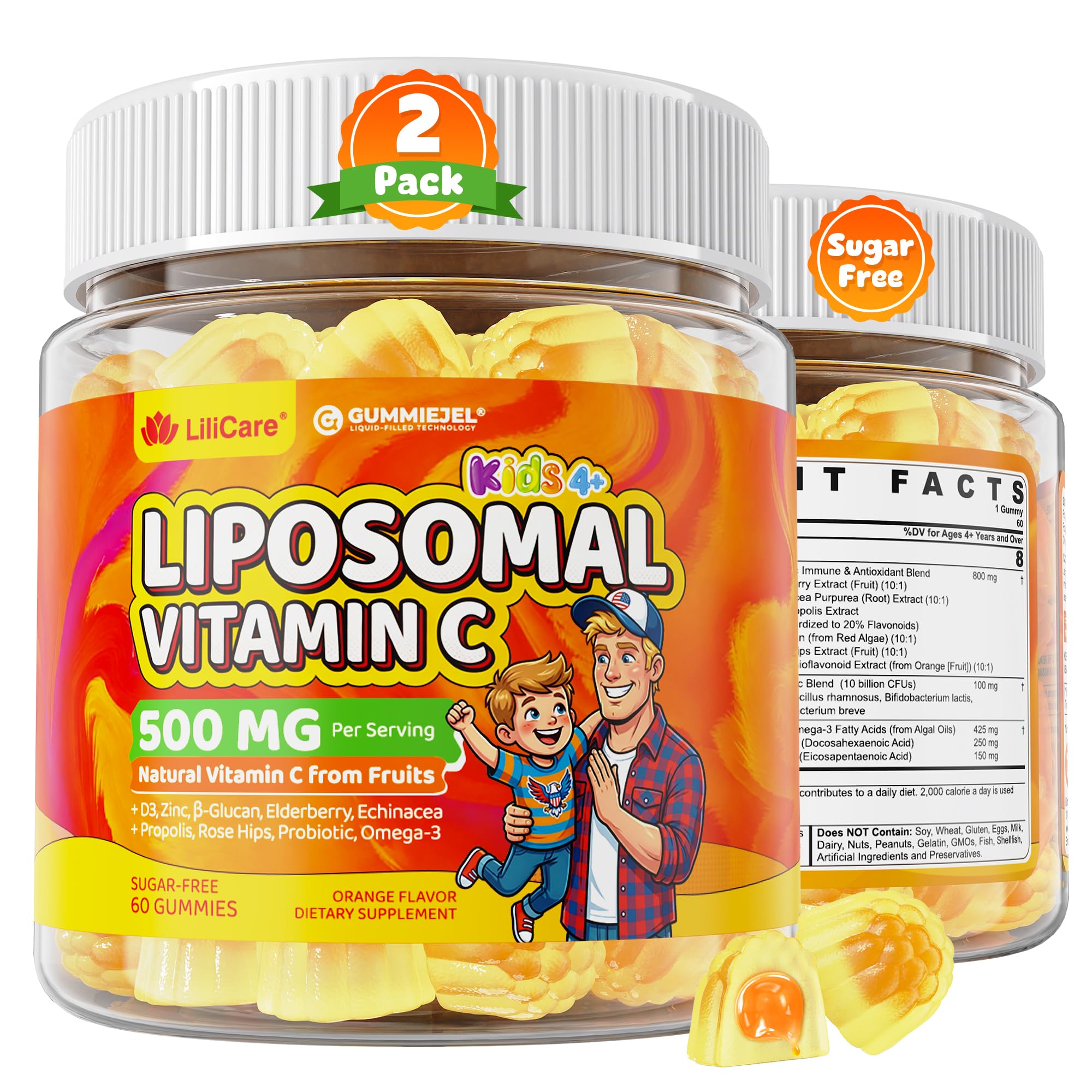LILICARE envase frontal de gomitas liposomales con vista del sello de ingredientes