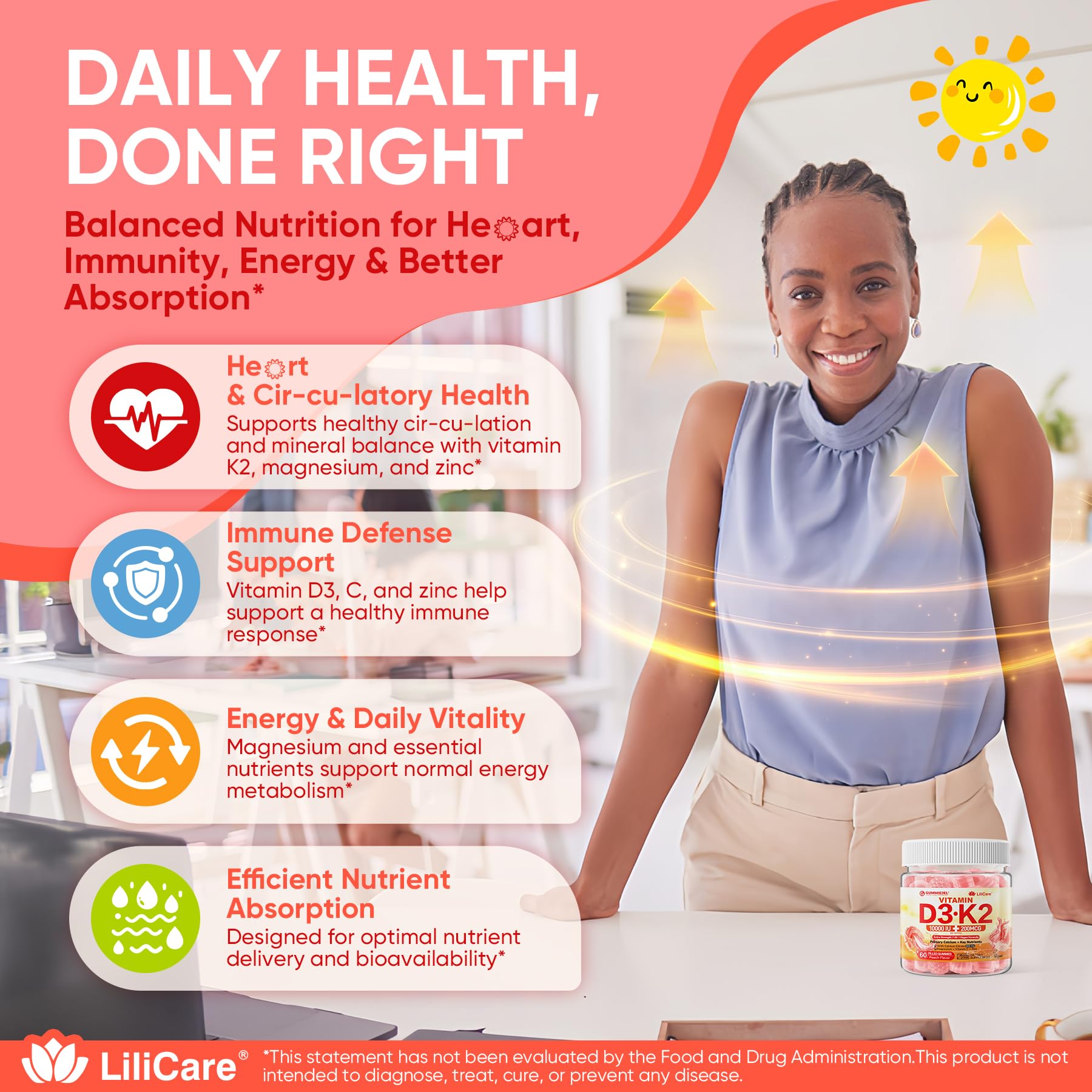 LILICARE persona tomando gomita durante rutina matutina, comodidad y sabor