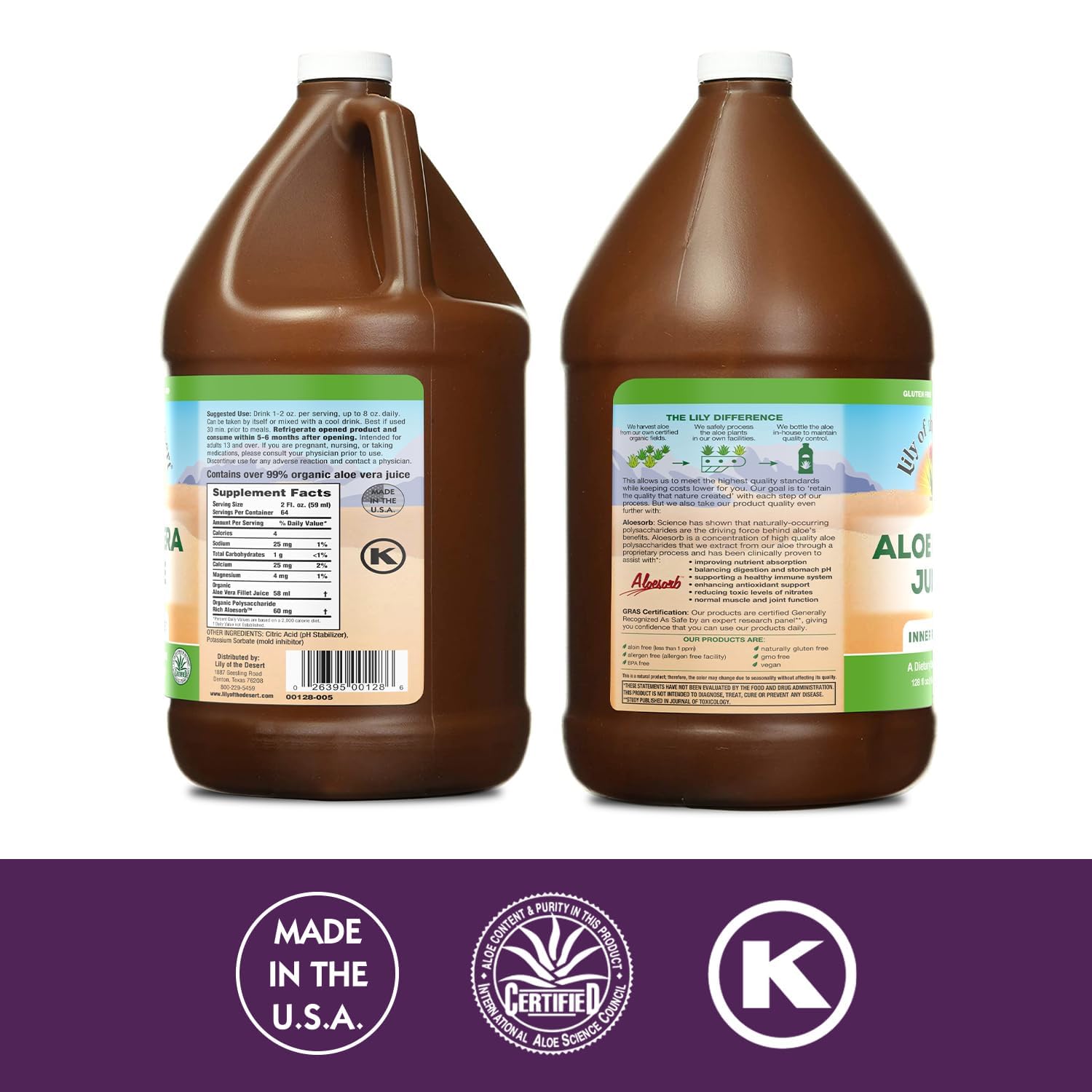 Lily Of The Desert etiqueta ampliada con ingredientes y certificaciones visibles