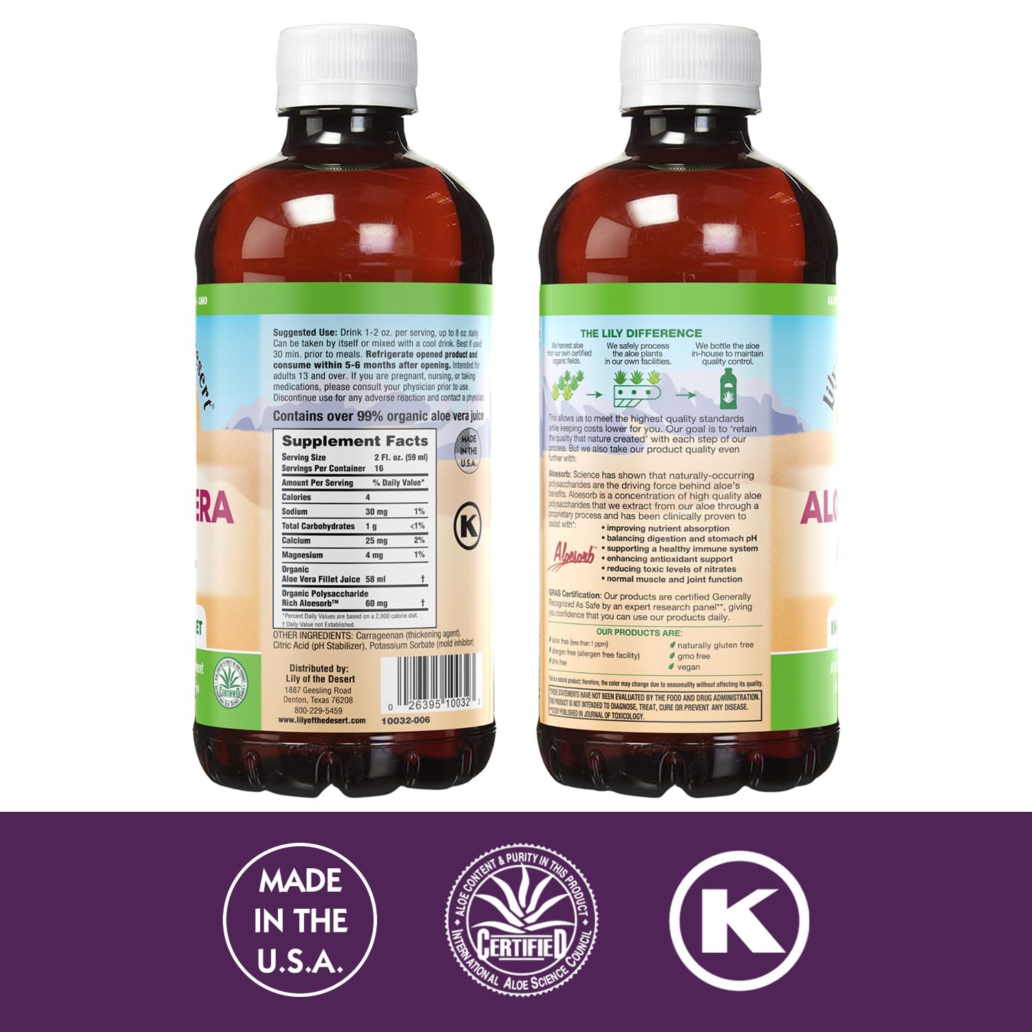 Lily Of The Desert etiqueta nutricional y certificaciones para confianza
