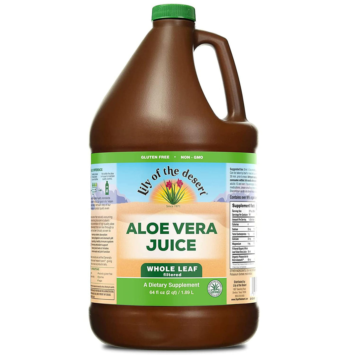 Lily Of The Desert botella frontal 64 oz mostrando envase y beneficio de calidad
