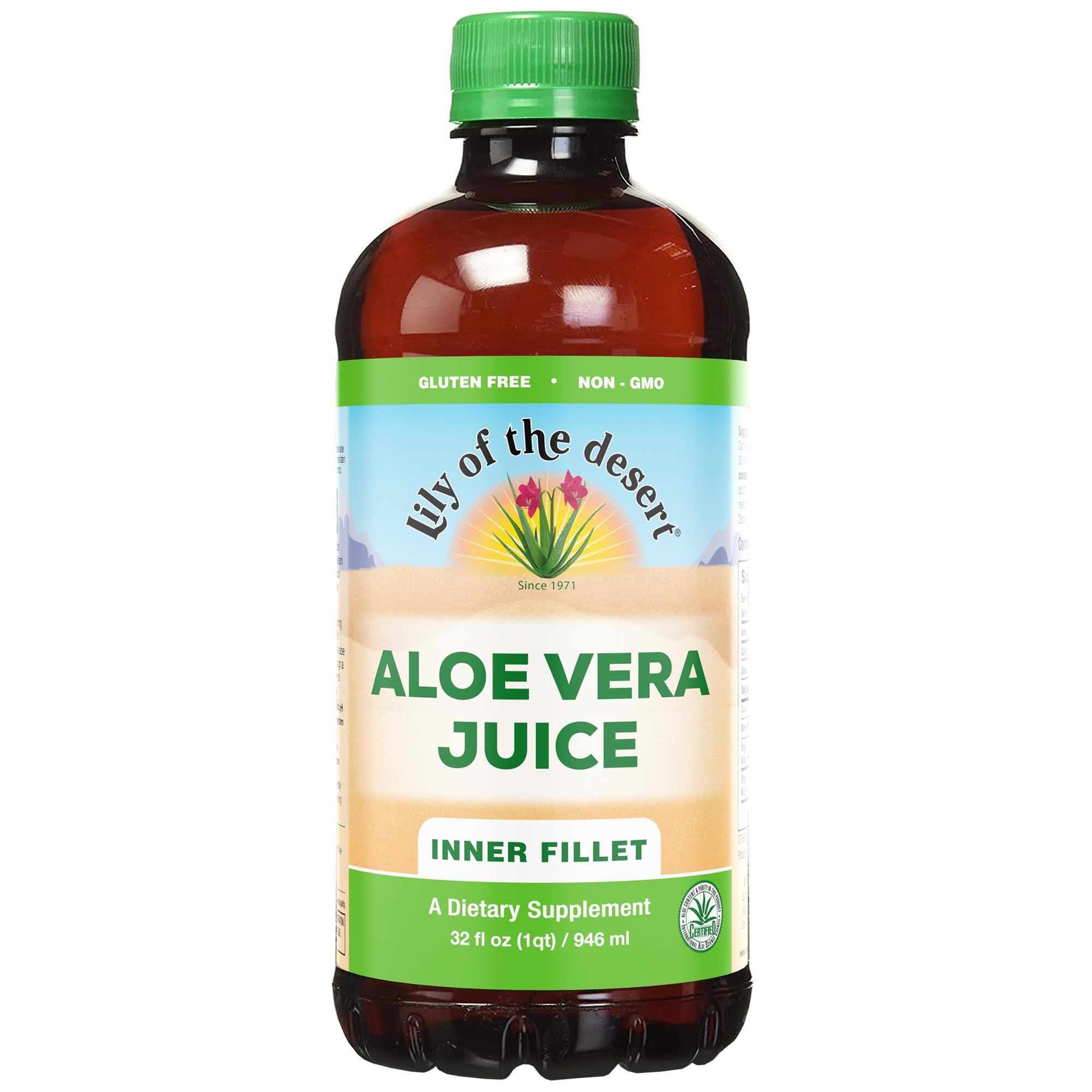 Lily Of The Desert botella frontal 32 oz mostrando etiqueta clara y formato