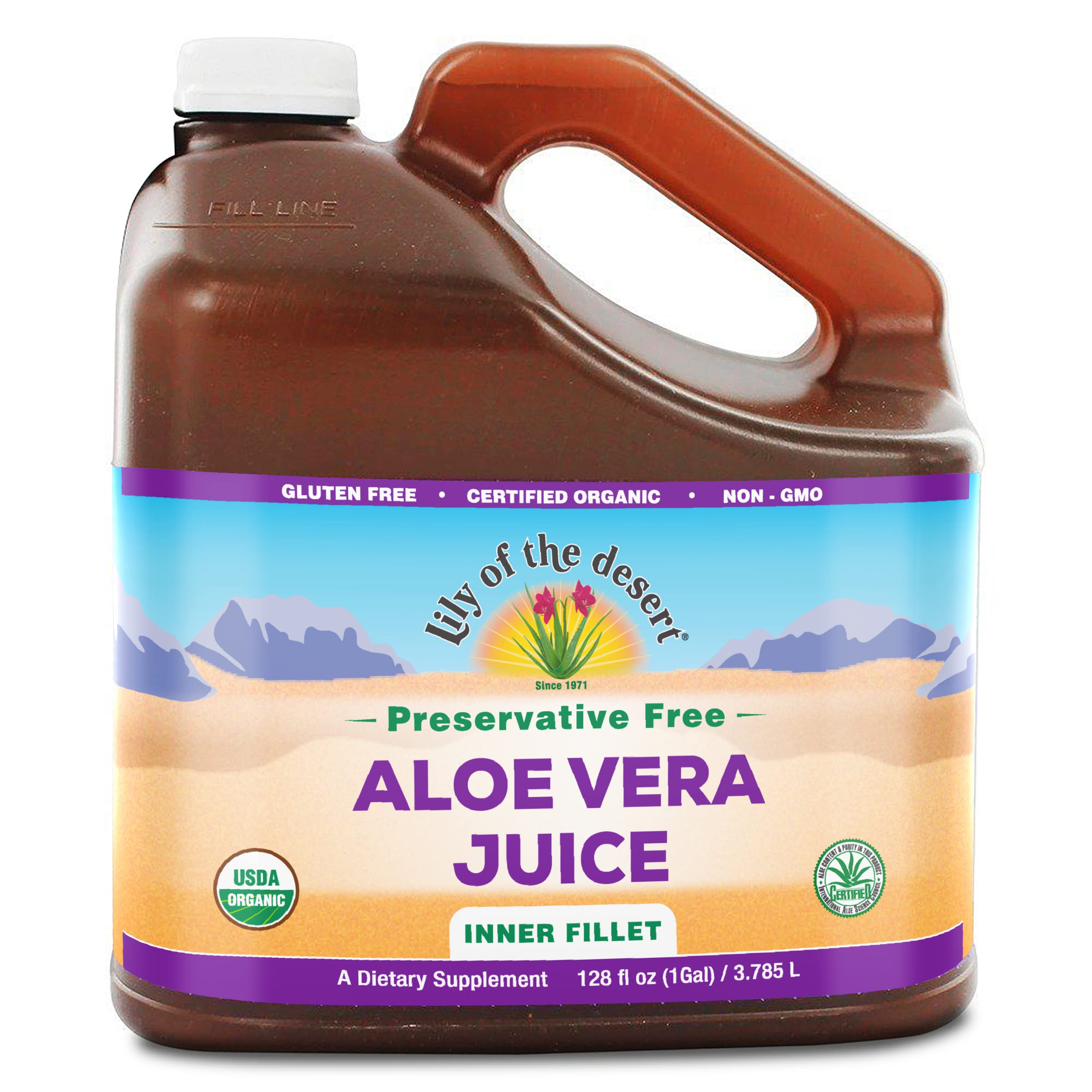 Lily of the Desert botella frontal 128 fl oz mostrando tamaño y etiqueta