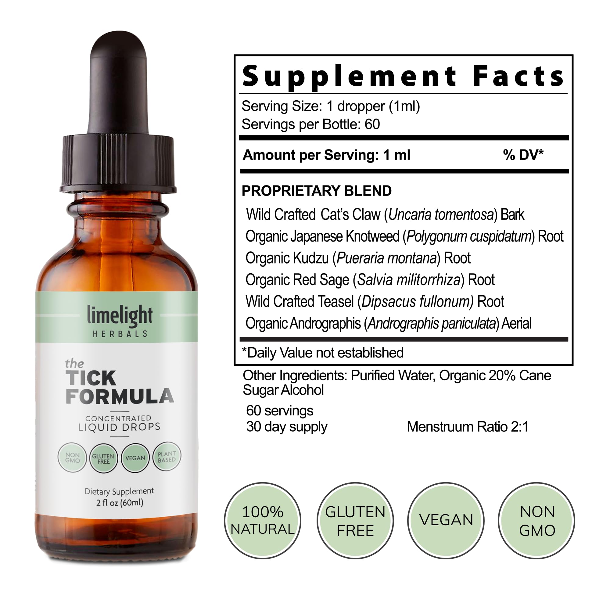 LIMELIGHT HERBALS detalle de etiqueta con lista de hierbas y certificaciones