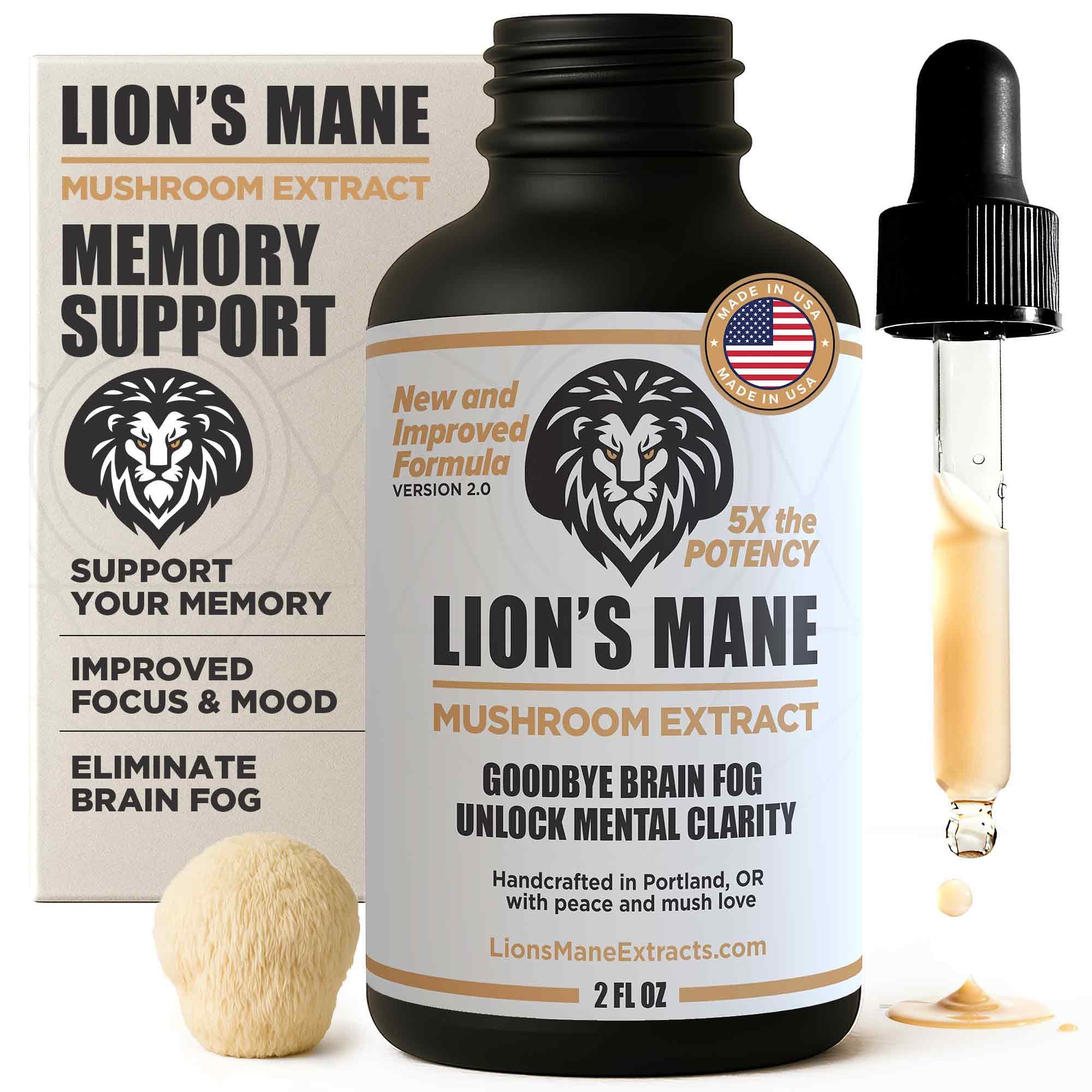 LionsManeExtracts frasco frontal mostrando etiqueta clara y beneficio de enfoque