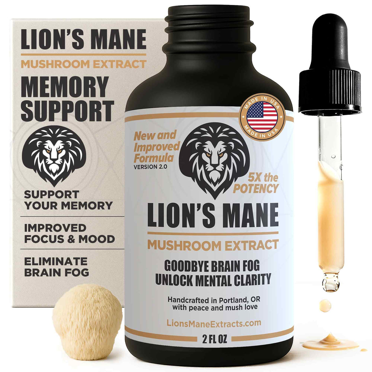 LionsManeExtracts frasco frontal mostrando etiqueta clara y beneficio de enfoque