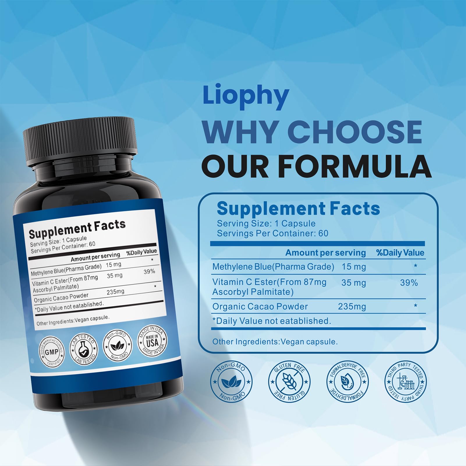 Liophy etiqueta con información nutricional y seguridad del producto