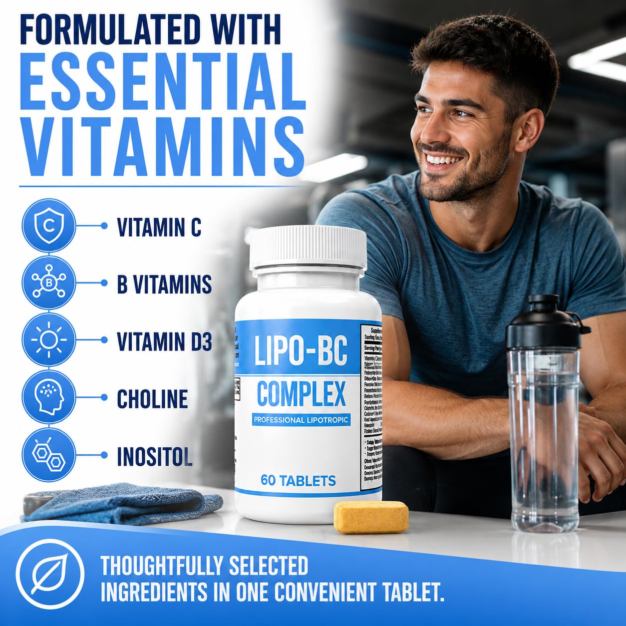 ES Global Brands lipo-bc botella junto a alimentos, sugiere integración con desayuno saludable