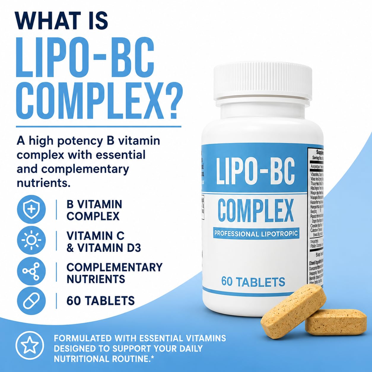 ES Global Brands lipo-bc detalle de tabletas que muestra textura y calidad de formulación