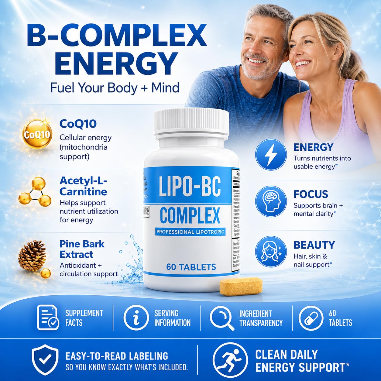 ES Global Brands lipo-bc tableta junto a vaso de agua, indica uso cotidiano sencillo