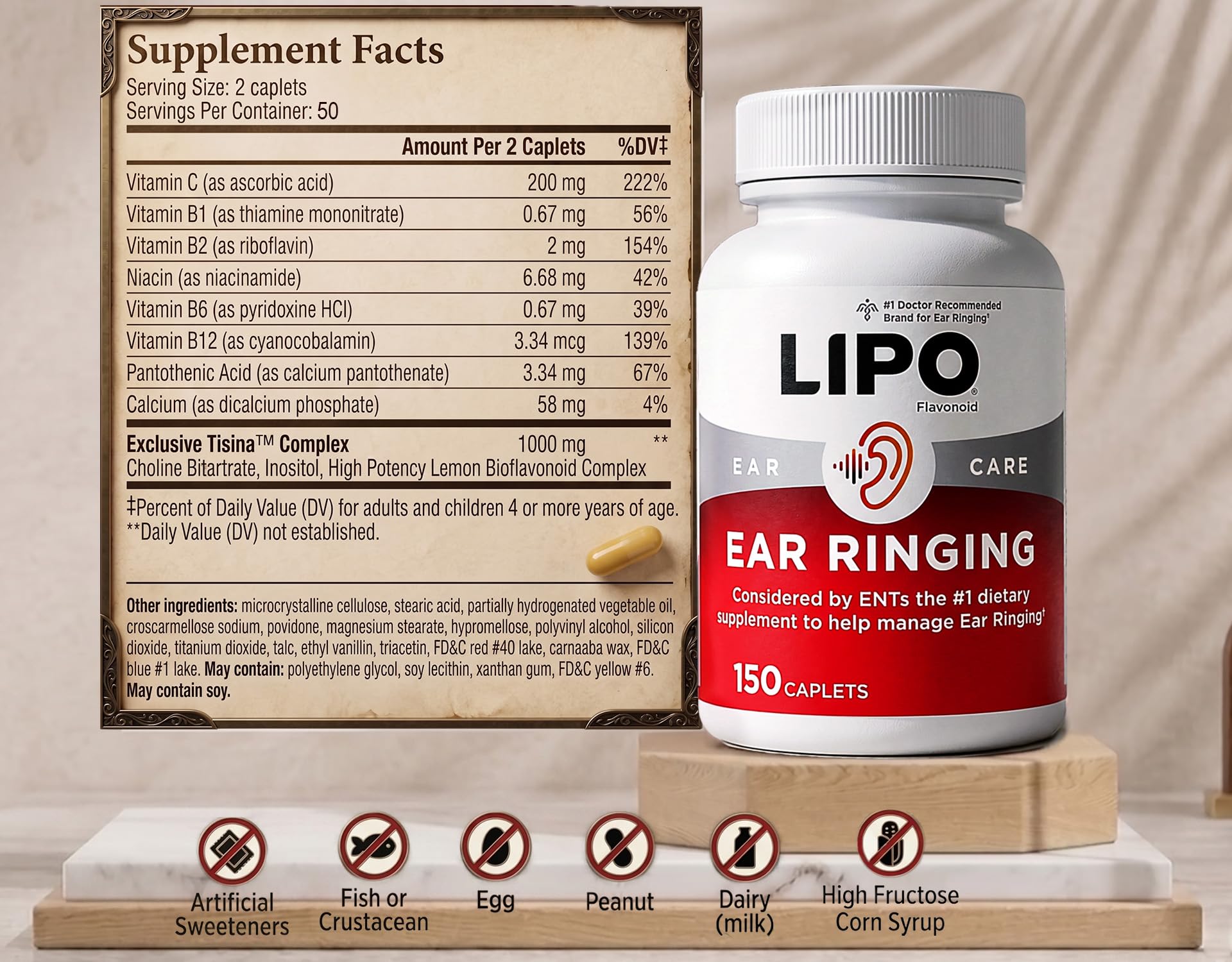 Lipo-Flavonoid etiqueta nutricional que muestra la lista de vitaminas y complejo Tisina