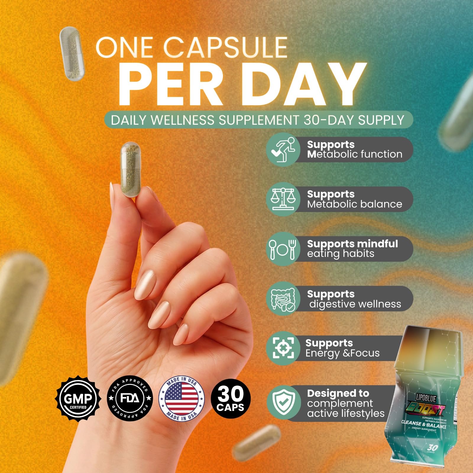 LIPOBLUE BOOST cápsulas sobre superficie, aspecto limpio y puro