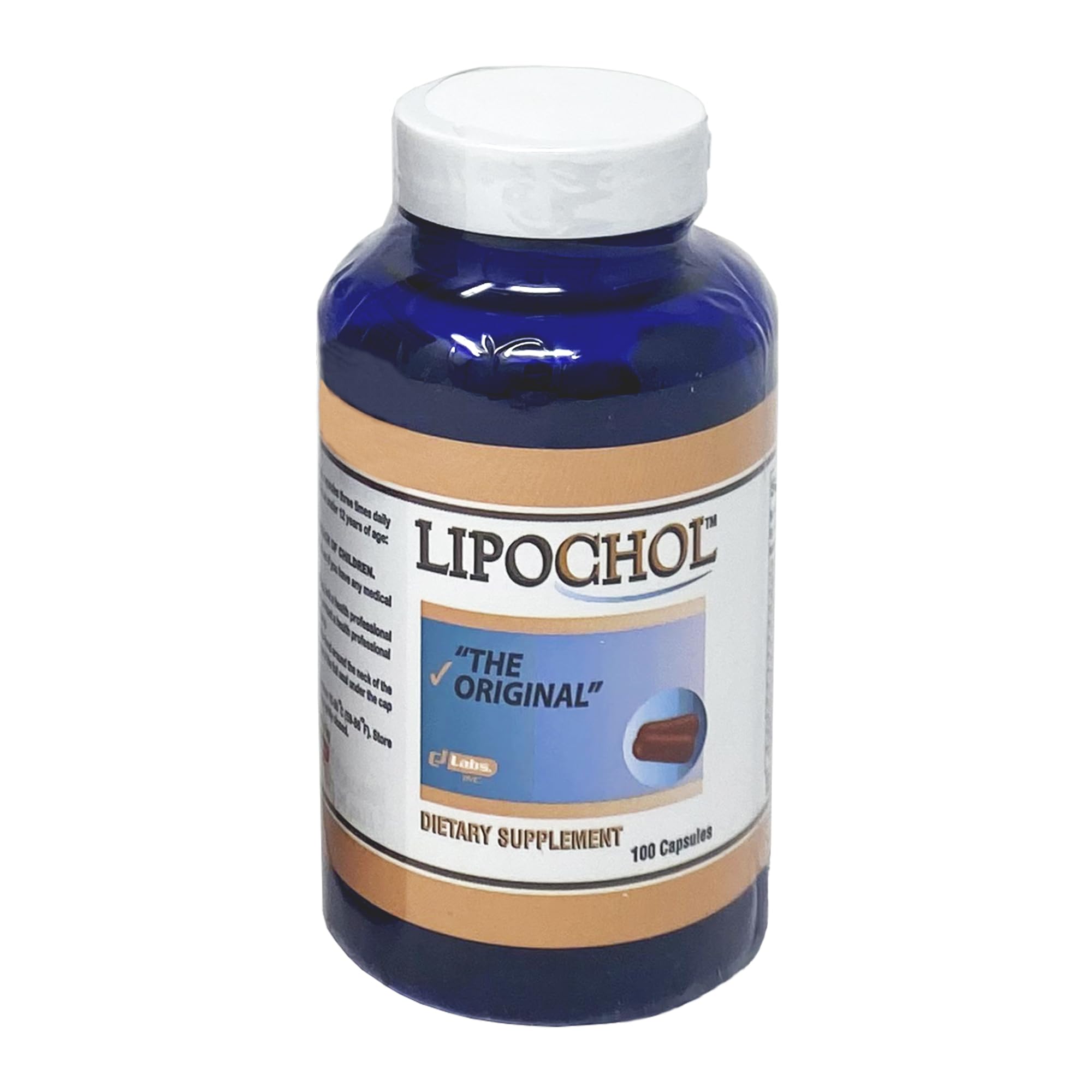 lipochol botella frontal mostrando etiqueta y 100 cápsulas, apoyo hepático visible