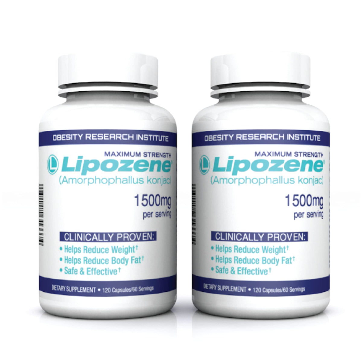 Lipozene frascos frontales pack Mega mostrando etiqueta y beneficio de saciedad