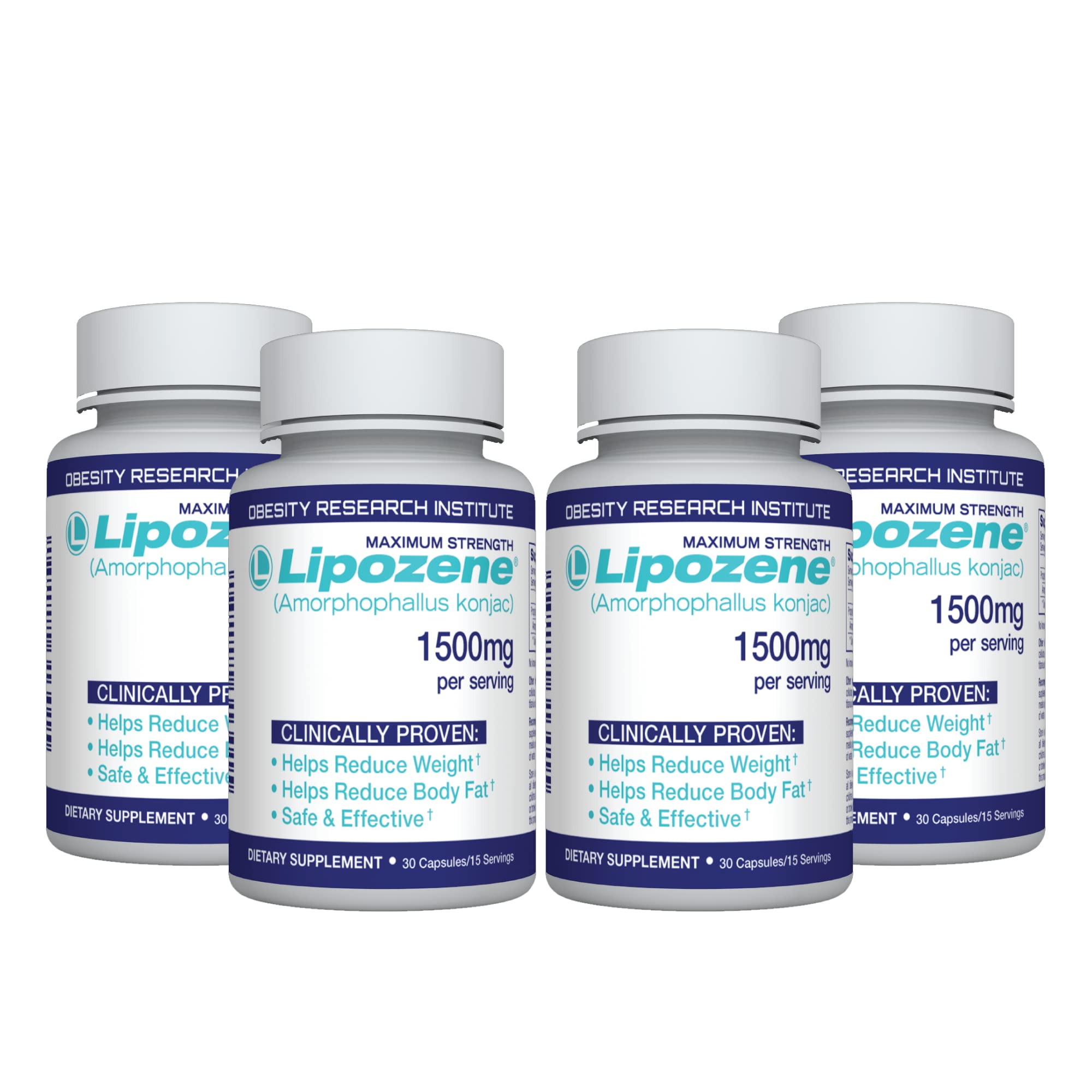 Lipozene frontal del envase mostrando cuatro frascos y beneficios visibles